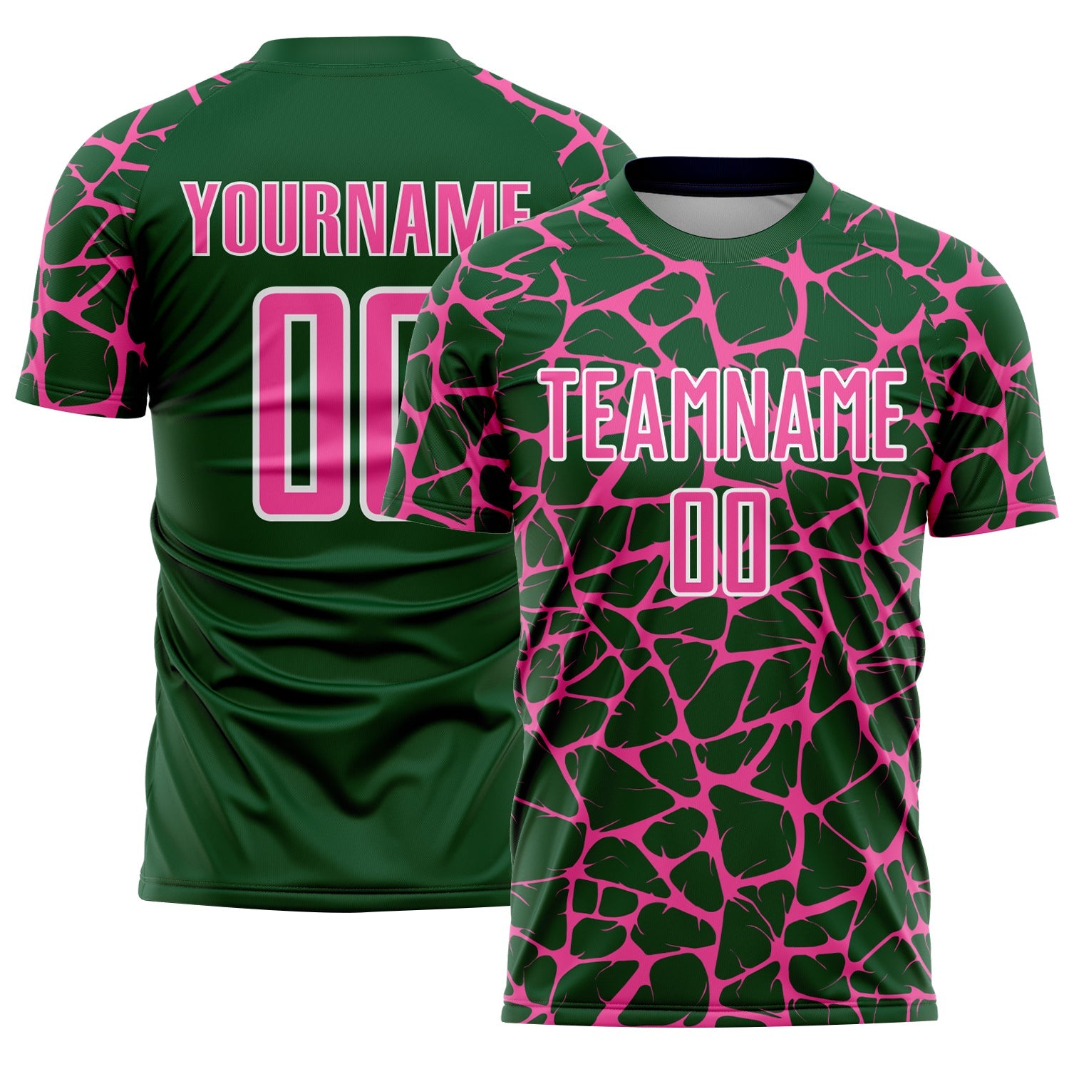 Custom Green Pink-White Abstract Network Splash Sublimation Soccer Uniform Jersey - Main View