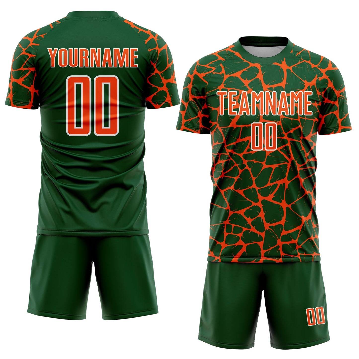 Custom Green Orange-White Abstract Network Splash Sublimation Soccer Uniform Jersey view 2