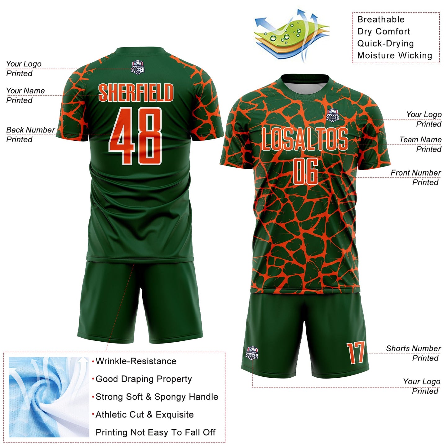 Custom Green Orange-White Abstract Network Splash Sublimation Soccer Uniform Jersey view 4