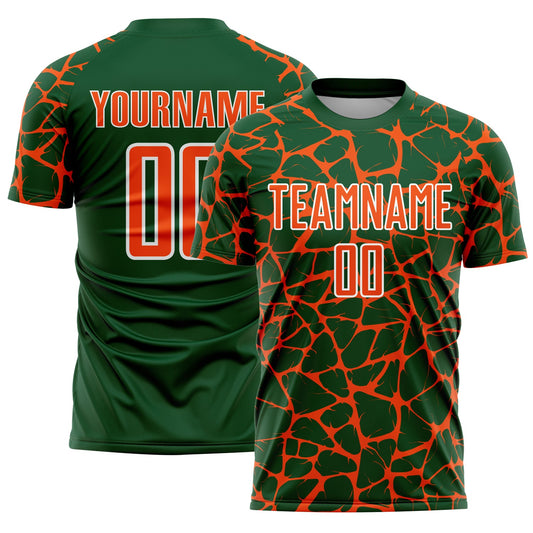 Custom Green Orange-White Abstract Network Splash Sublimation Soccer Uniform Jersey - Main View