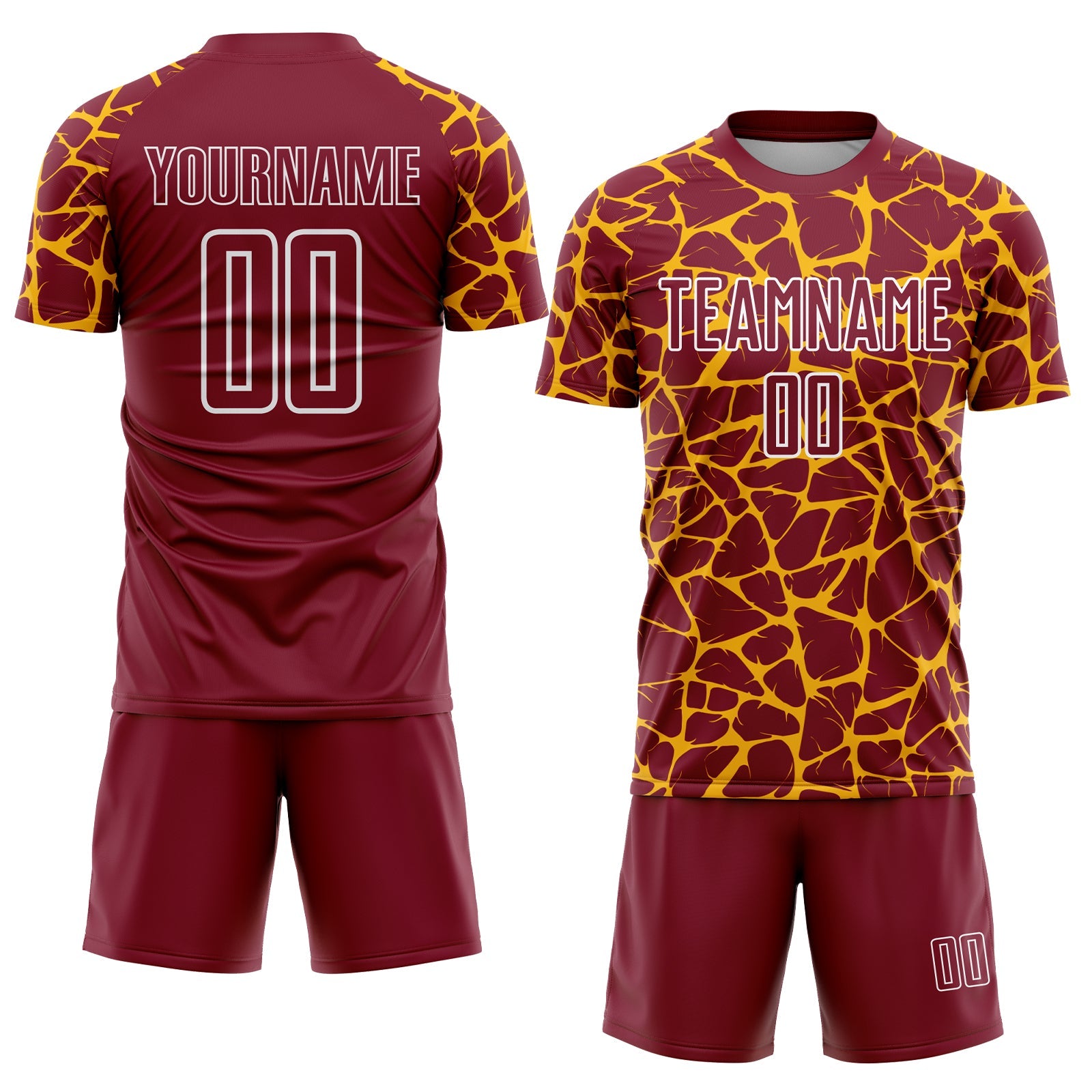 Custom Crimson Gold-White Abstract Network Splash Sublimation Soccer Uniform Jersey view 2