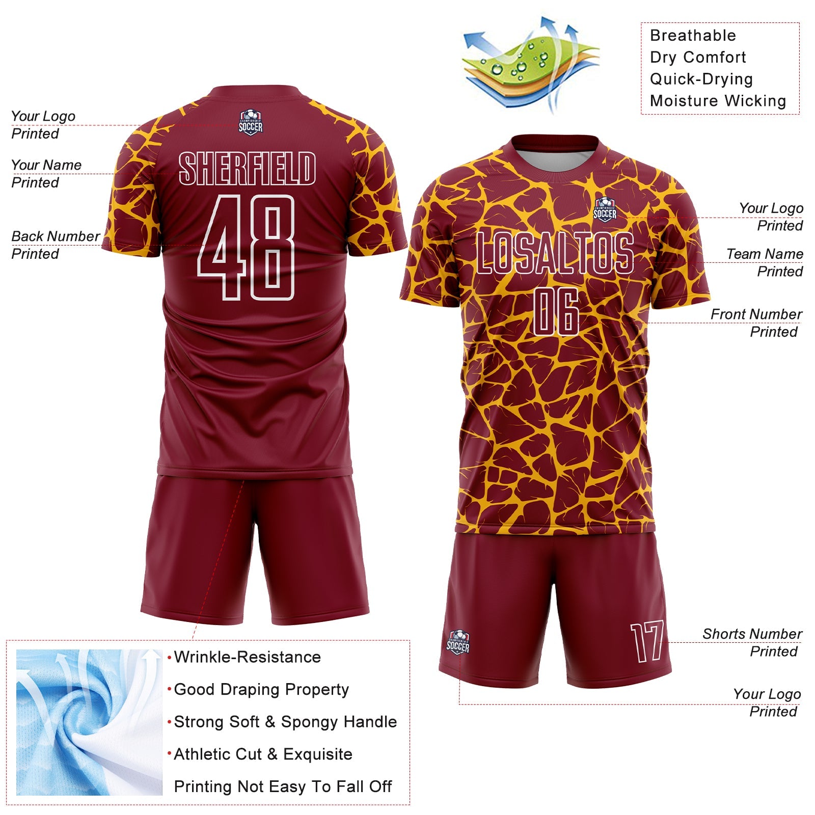 Custom Crimson Gold-White Abstract Network Splash Sublimation Soccer Uniform Jersey view 4