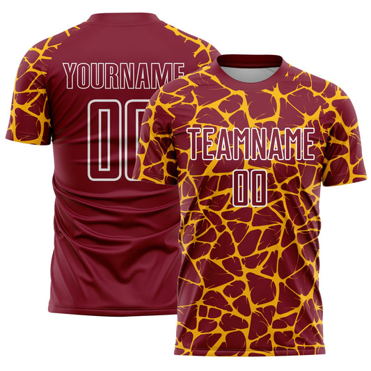 Custom Crimson Gold-White Abstract Network Splash Sublimation Soccer Uniform Jersey - Main View
