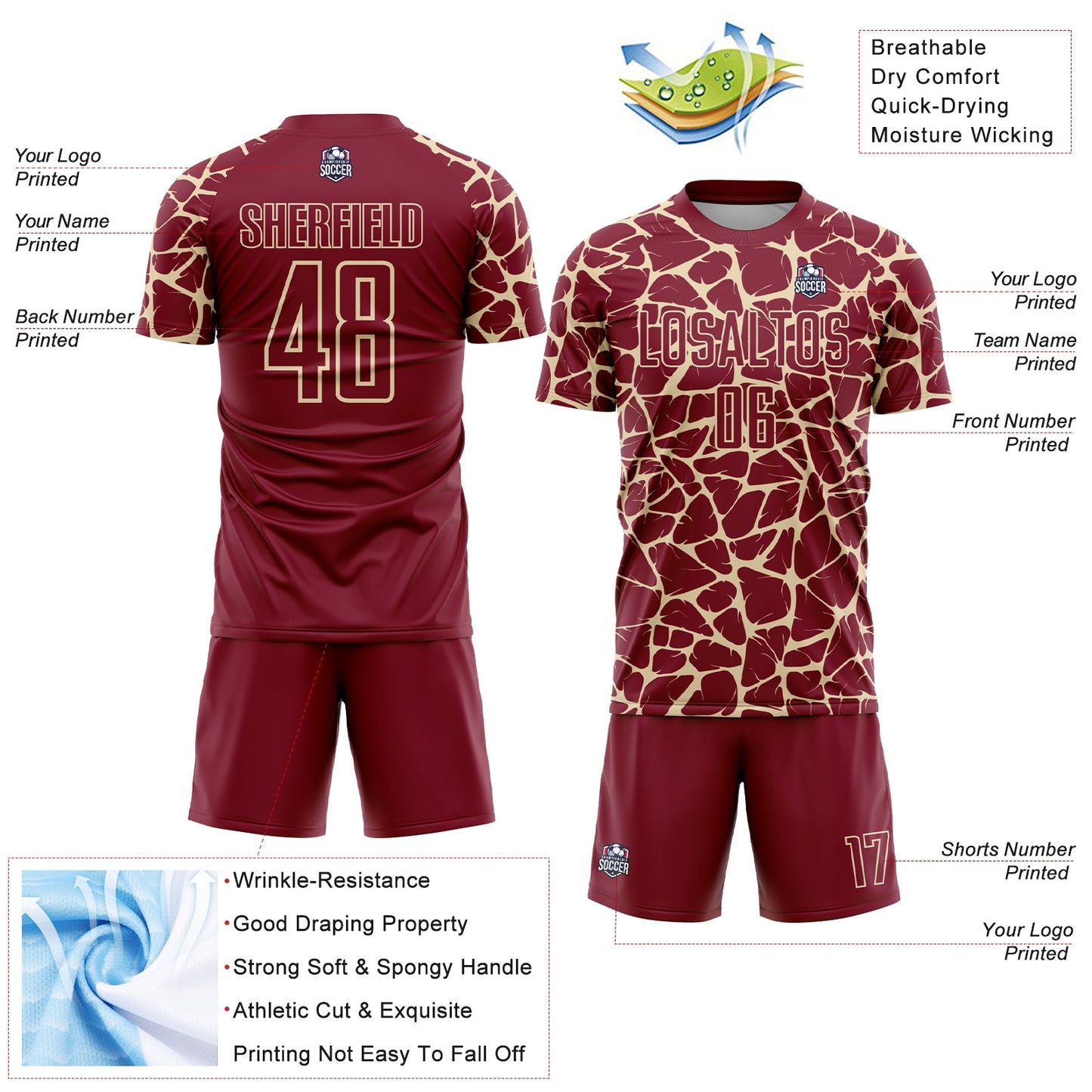 Custom Crimson Cream Abstract Network Splash Sublimation Soccer Uniform Jersey view 4