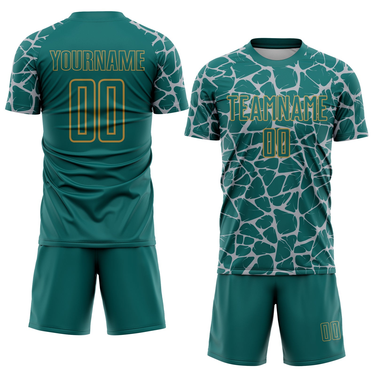 Custom Teal Gray-Old Gold Abstract Network Splash Sublimation Soccer Uniform Jersey view 2