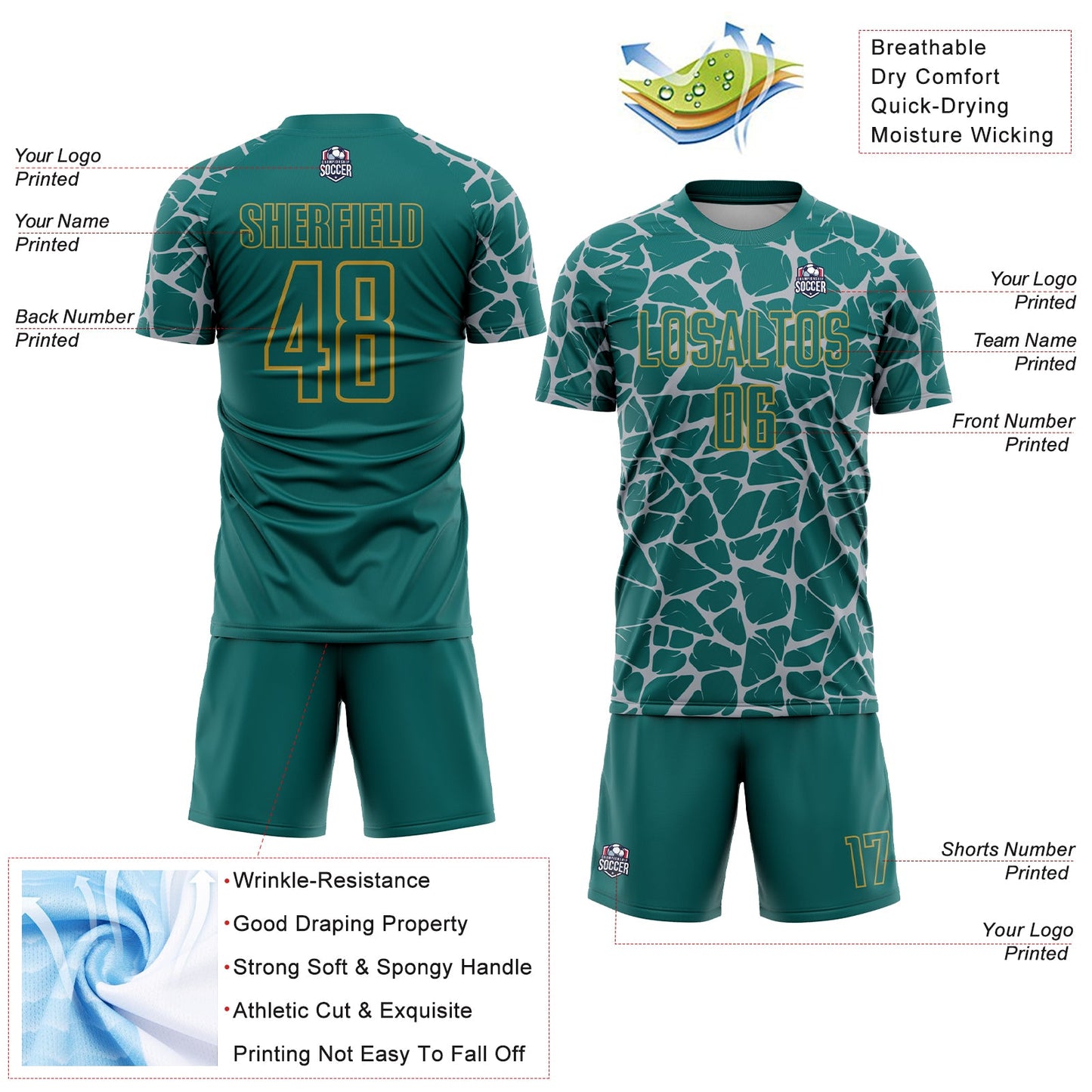 Custom Teal Gray-Old Gold Abstract Network Splash Sublimation Soccer Uniform Jersey view 4