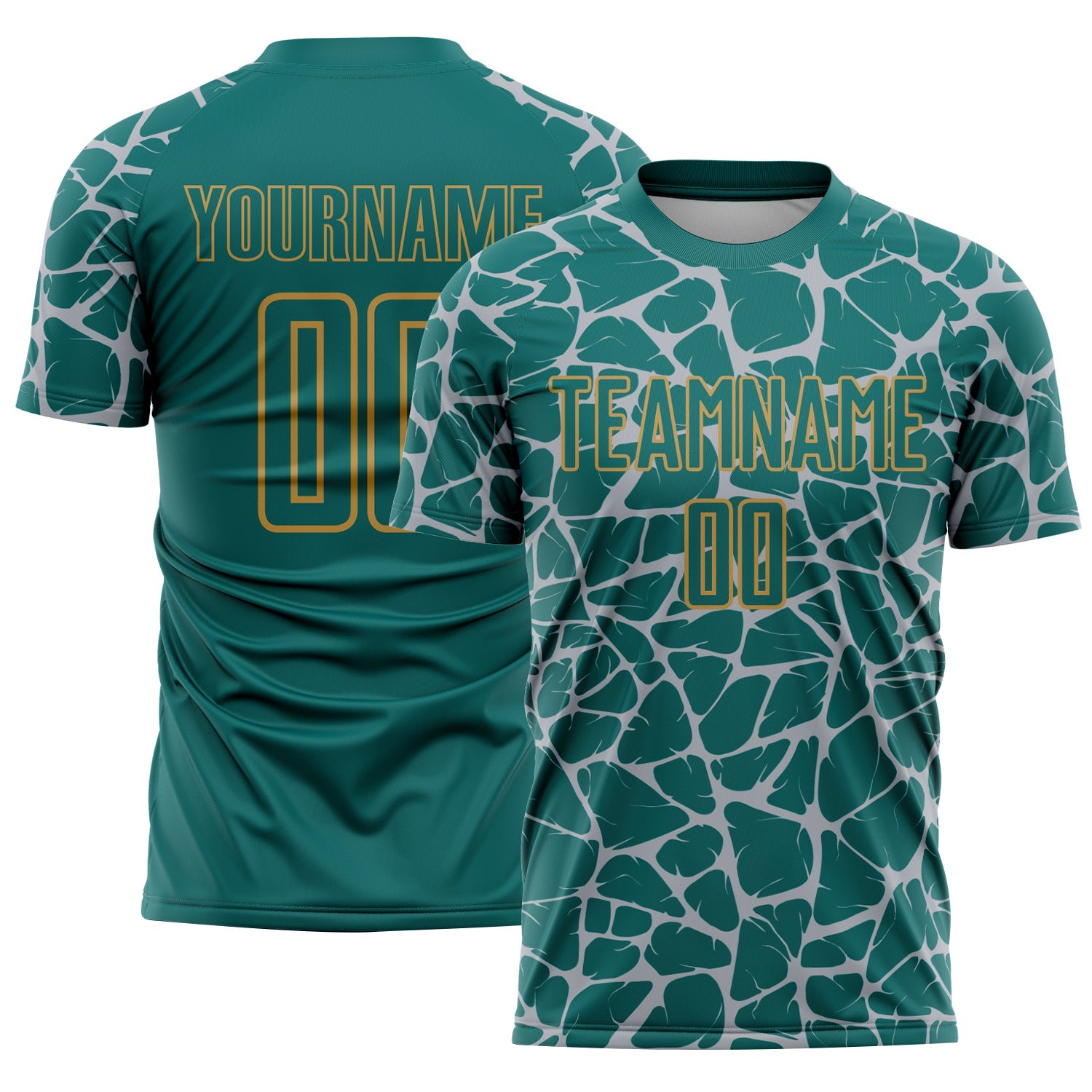 Custom Teal Gray-Old Gold Abstract Network Splash Sublimation Soccer Uniform Jersey - Main View