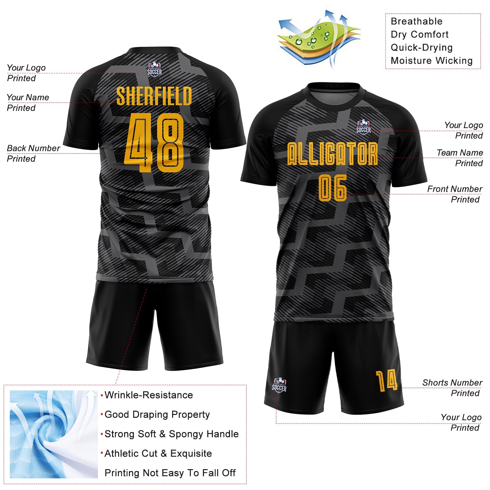 Custom Black Gold-Steel Gray Line Sublimation Soccer Uniform Jersey view 4
