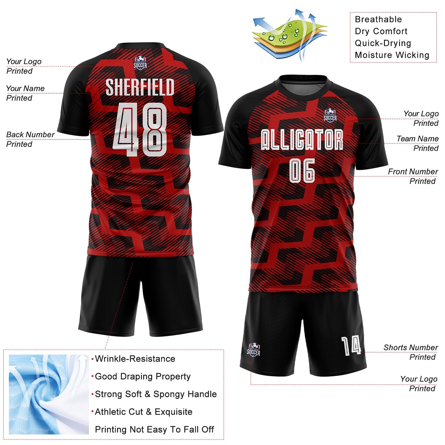 Custom Black White-Red Line Sublimation Soccer Uniform Jersey view 4