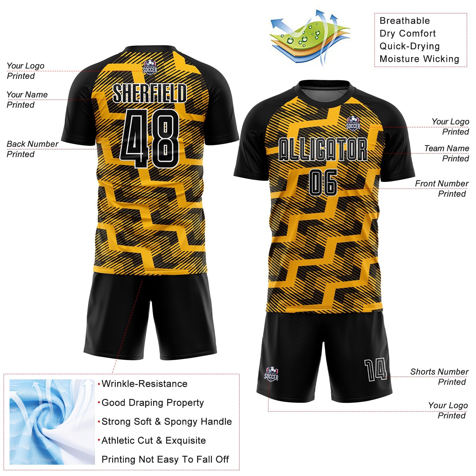 Custom Black Gold-White Line Sublimation Soccer Uniform Jersey view 4