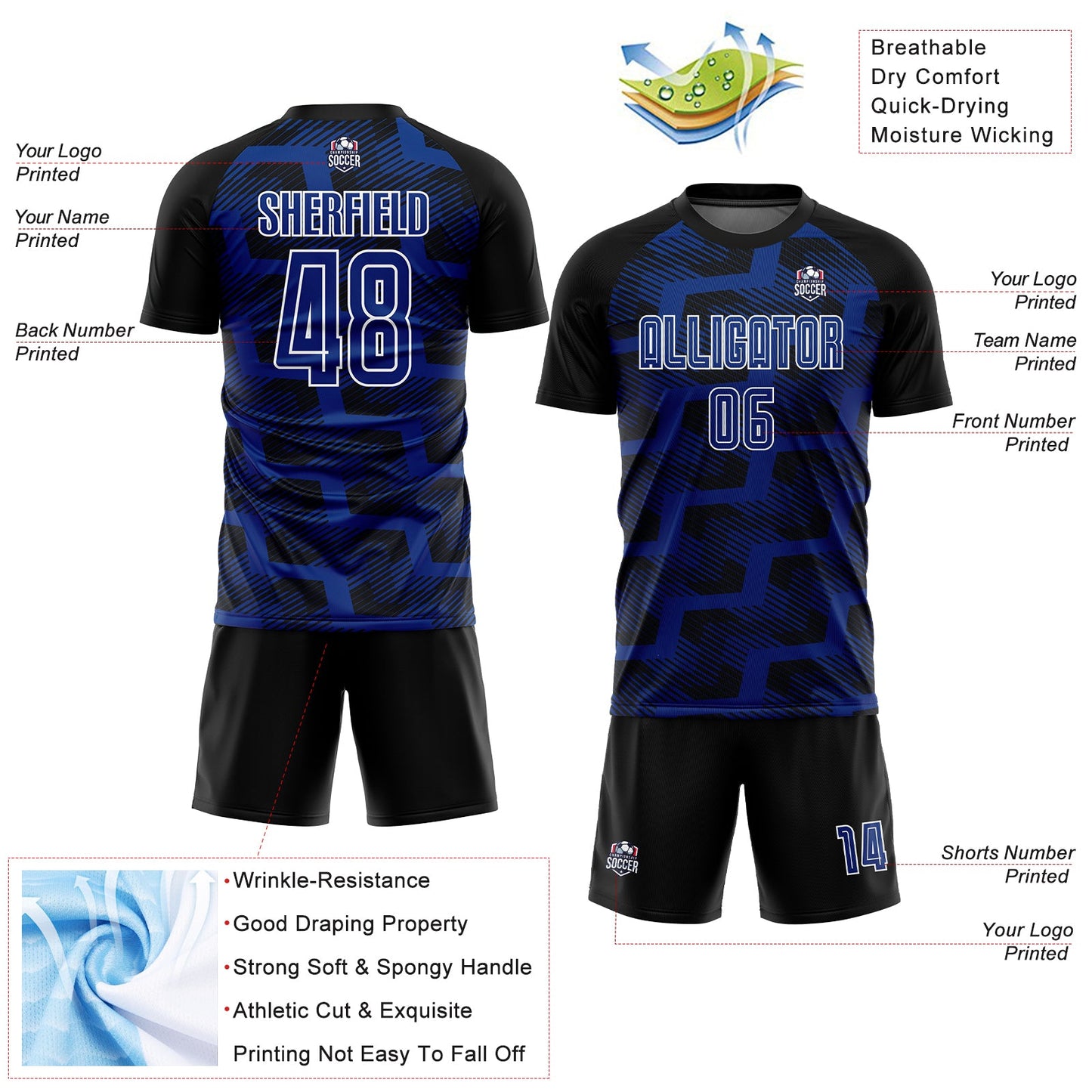 Custom Black Royal-White Line Sublimation Soccer Uniform Jersey view 4