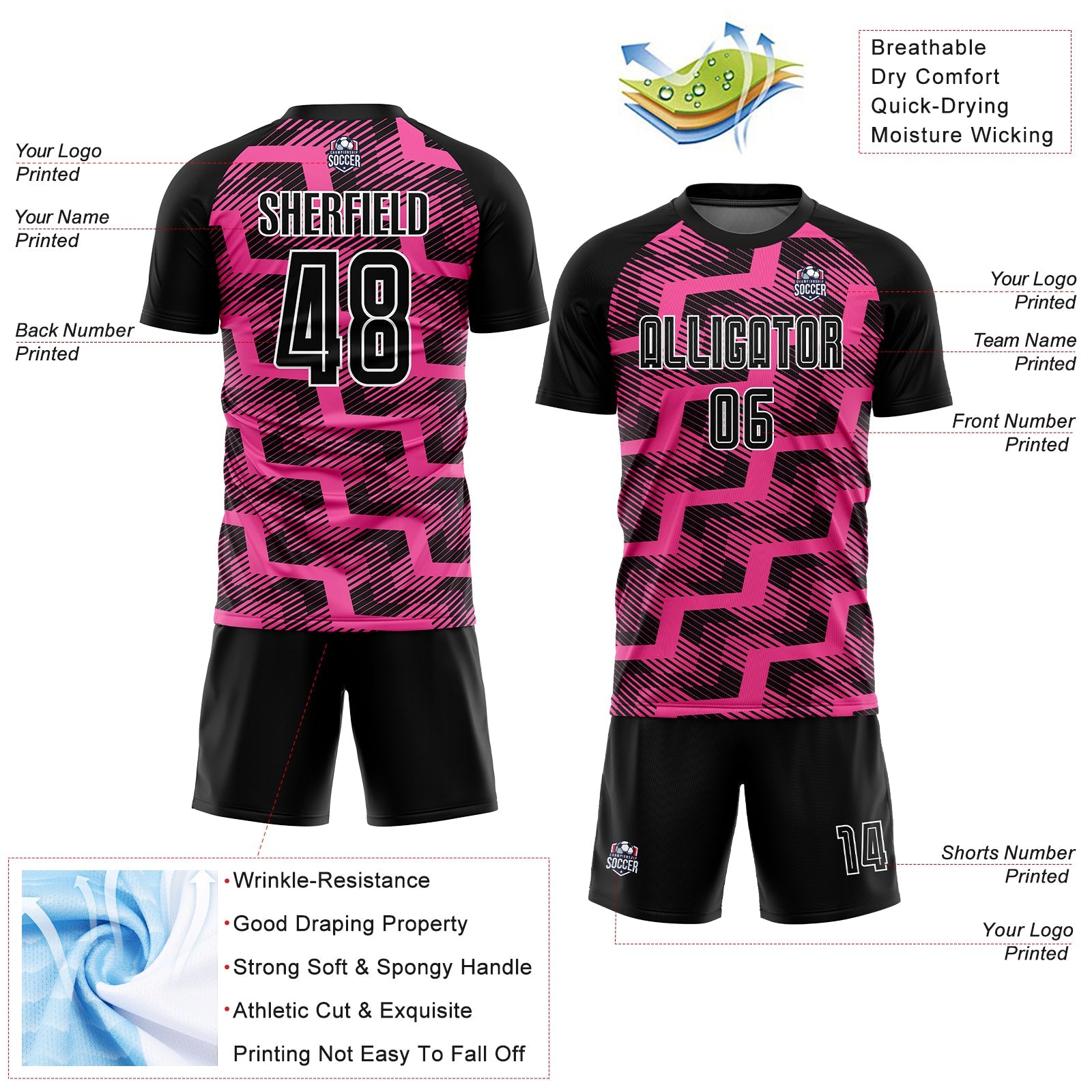Custom Black Pink-White Line Sublimation Soccer Uniform Jersey view 4