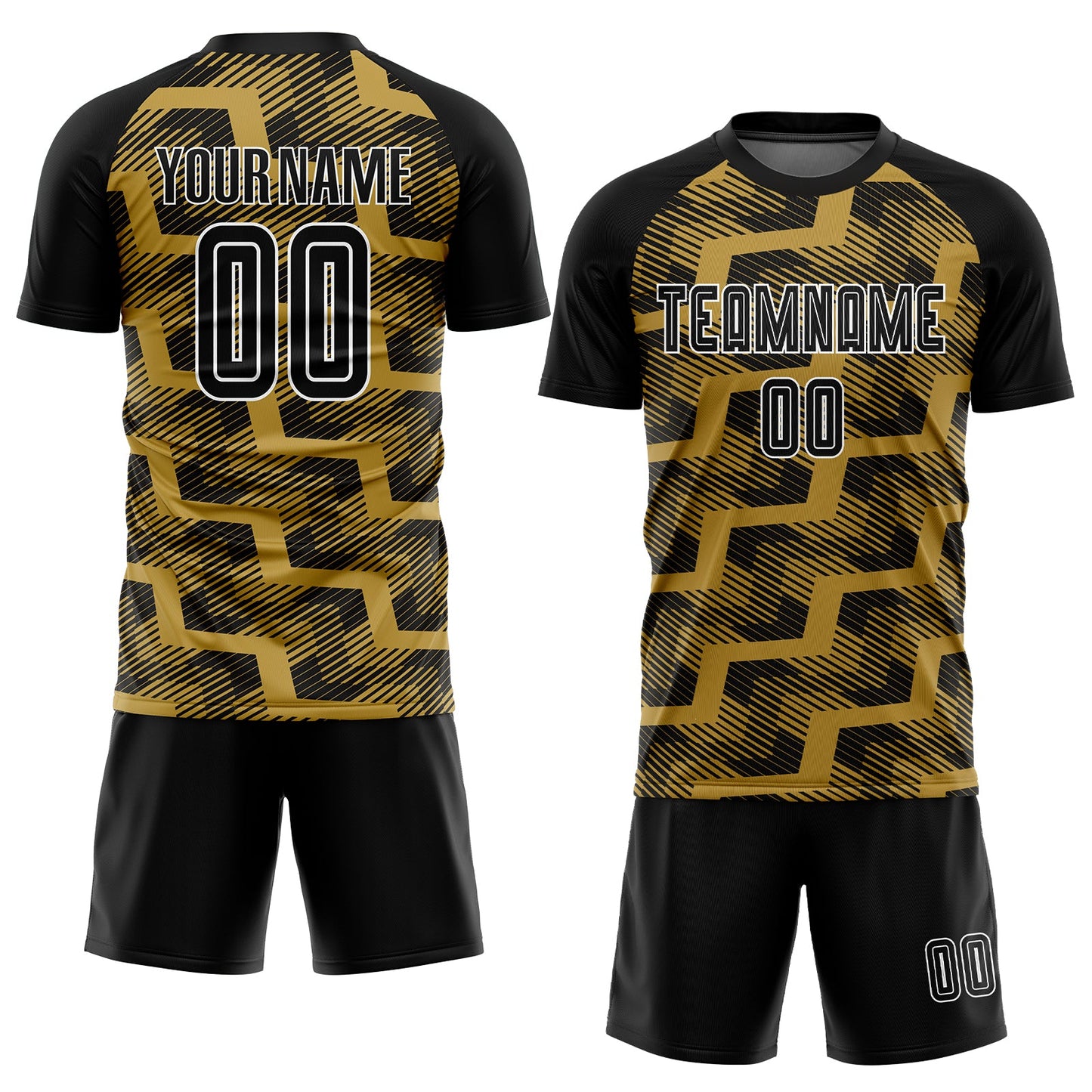 Custom Black Old Gold-White Line Sublimation Soccer Uniform Jersey view 2