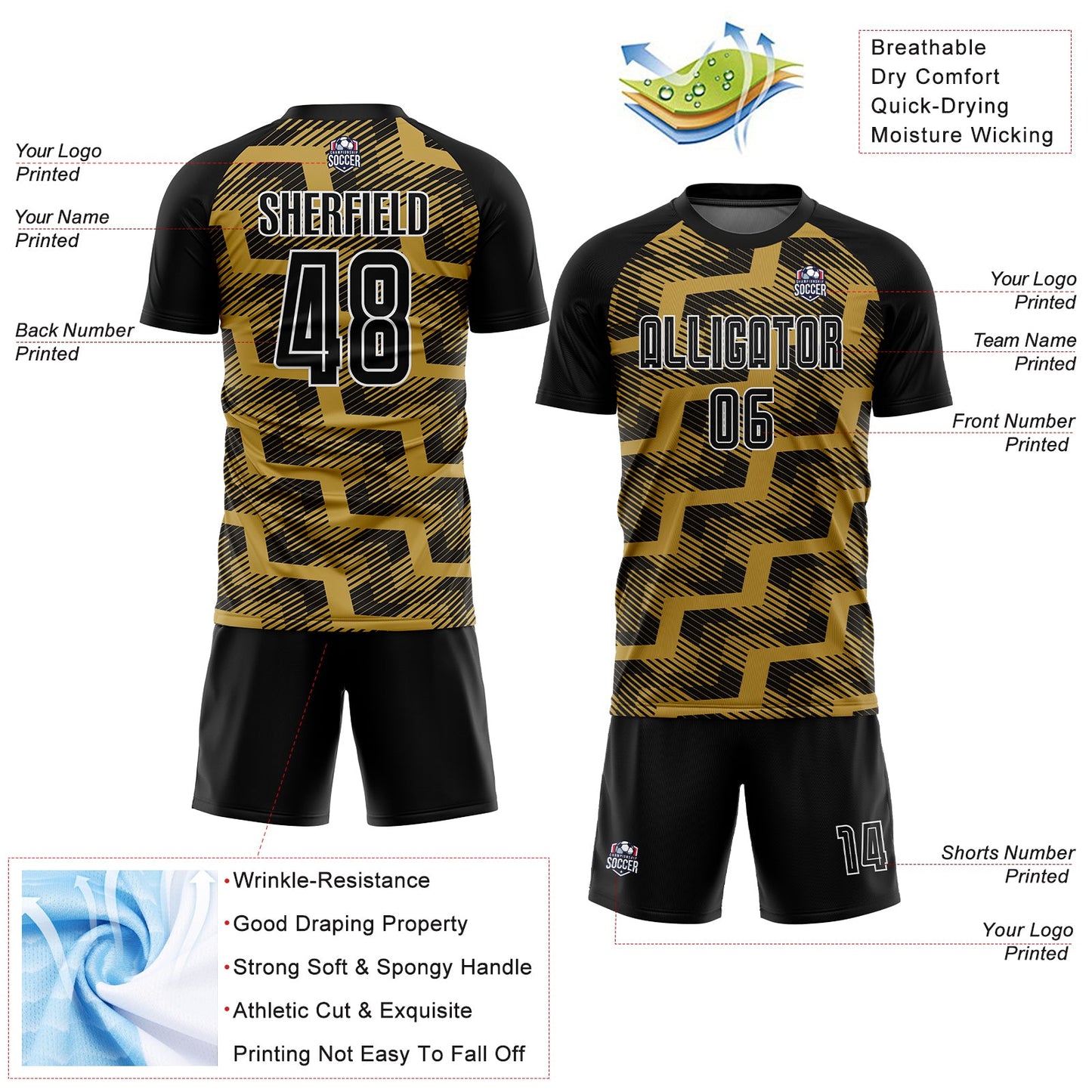 Custom Black Old Gold-White Line Sublimation Soccer Uniform Jersey view 4