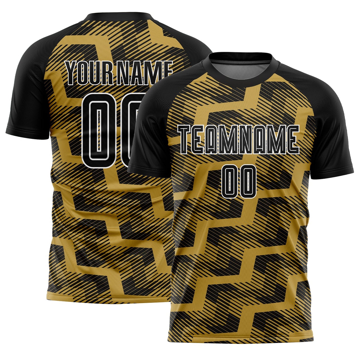 Custom Black Old Gold-White Line Sublimation Soccer Uniform Jersey - Main View