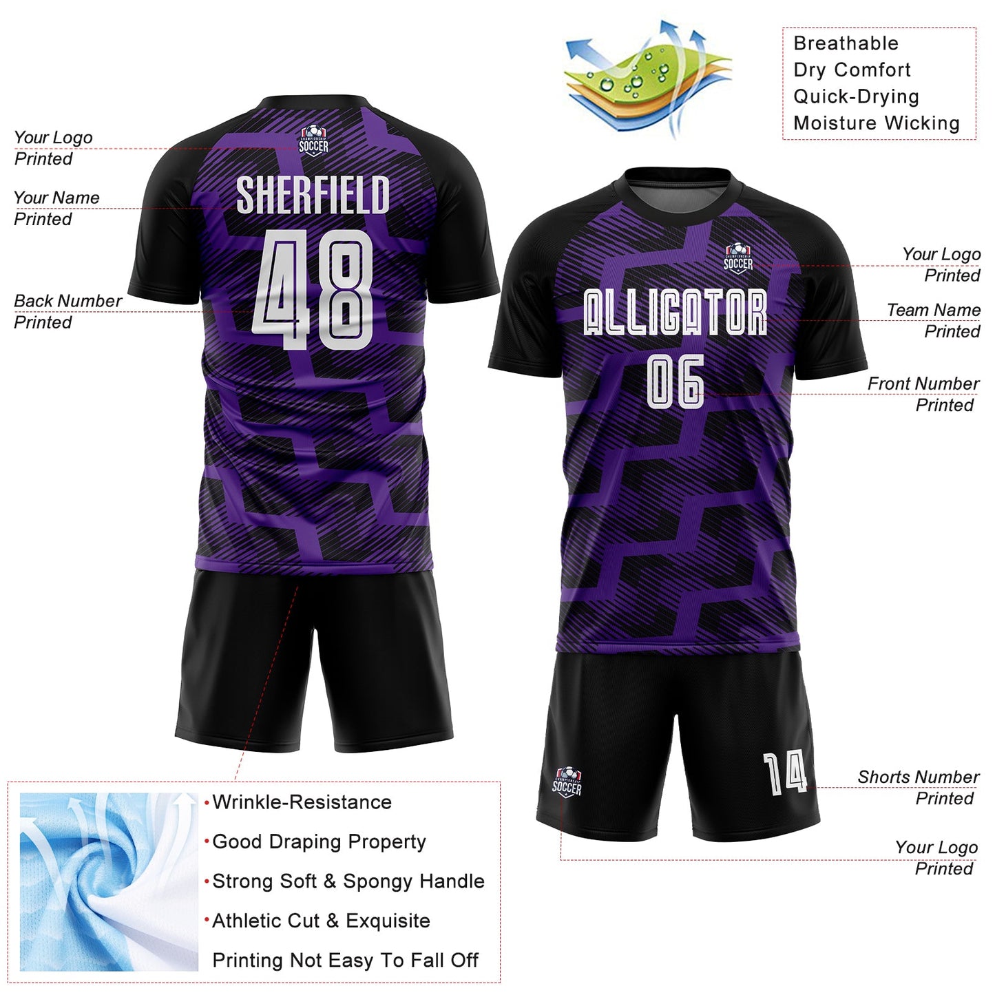 Custom Black White-Purple Line Sublimation Soccer Uniform Jersey view 4