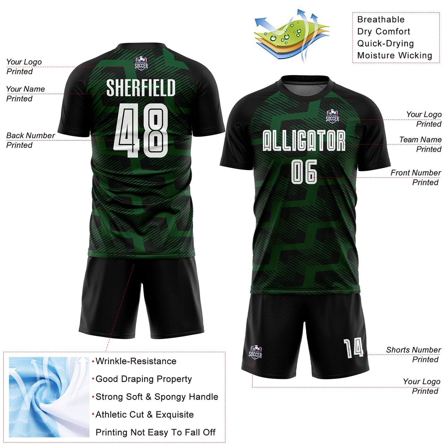 Custom Black White-Green Line Sublimation Soccer Uniform Jersey view 4