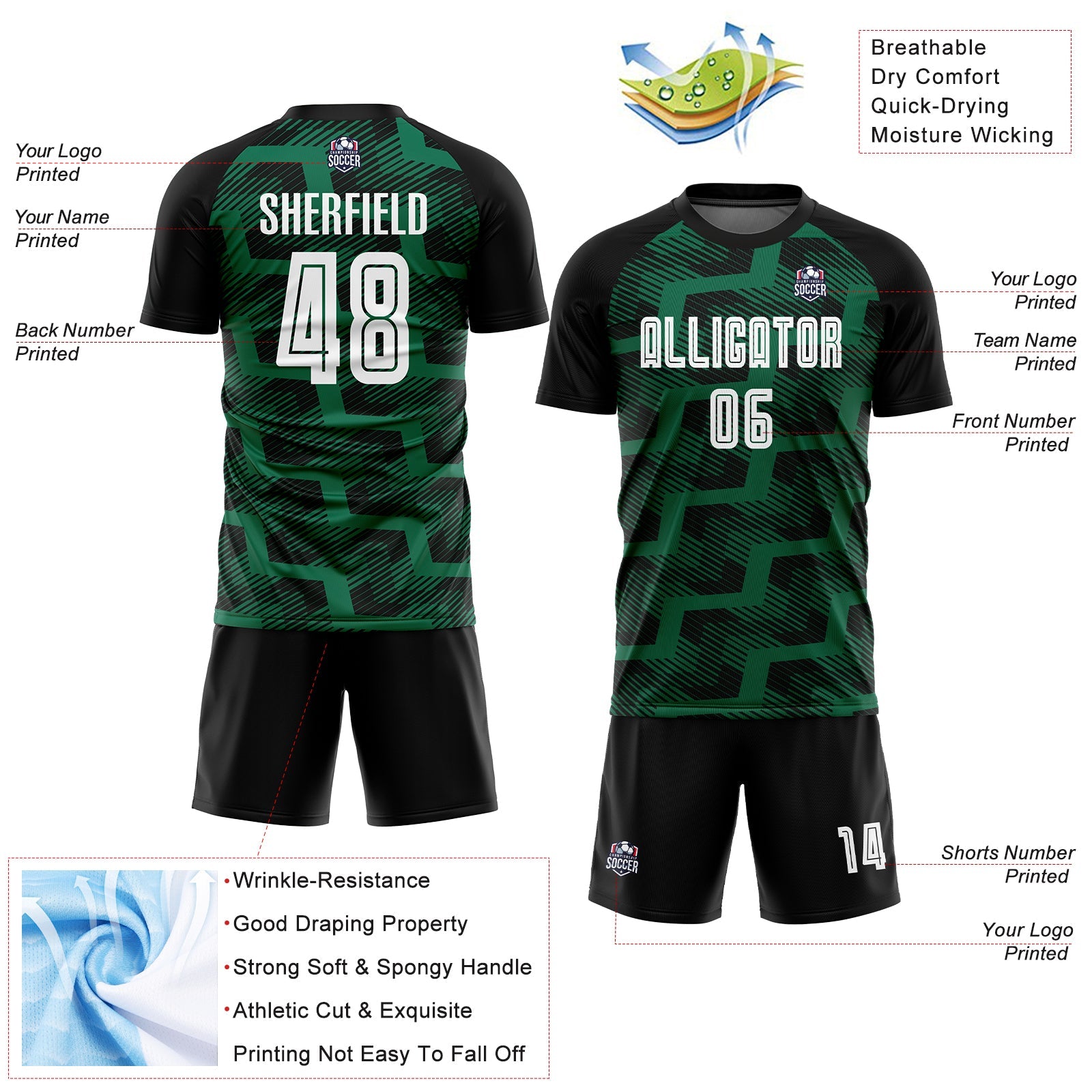 Custom Black White-Kelly Green Line Sublimation Soccer Uniform Jersey view 4
