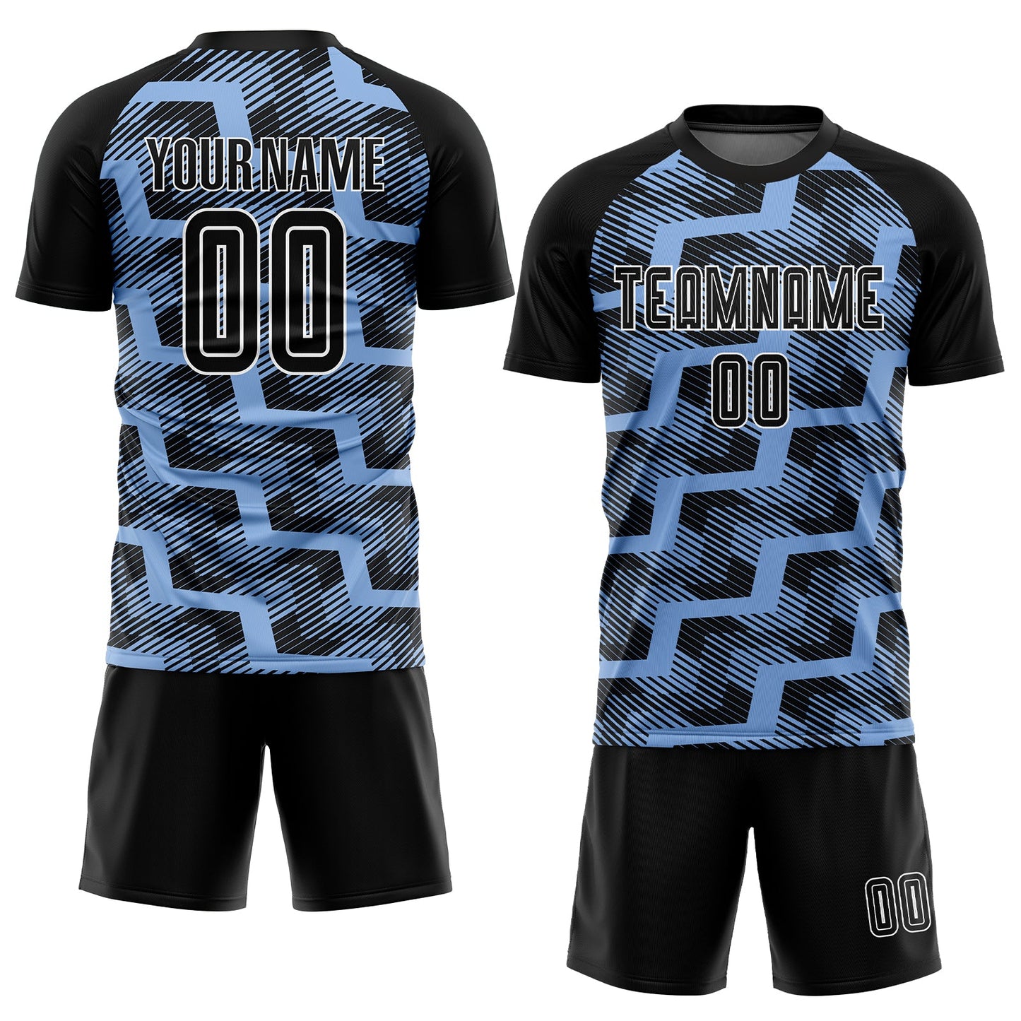 Custom Black Light Blue-White Line Sublimation Soccer Uniform Jersey view 2