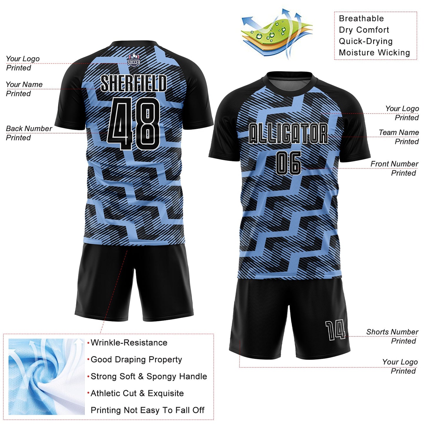 Custom Black Light Blue-White Line Sublimation Soccer Uniform Jersey view 4