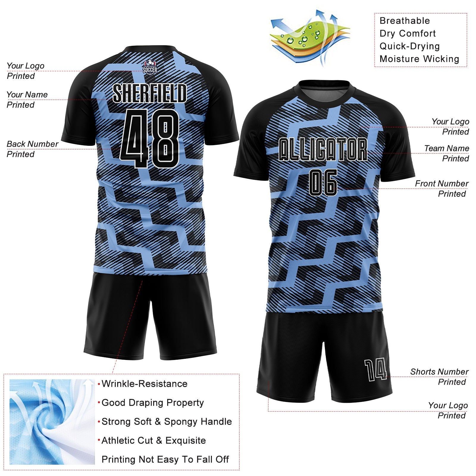 Custom Black Light Blue-White Line Sublimation Soccer Uniform Jersey view 4