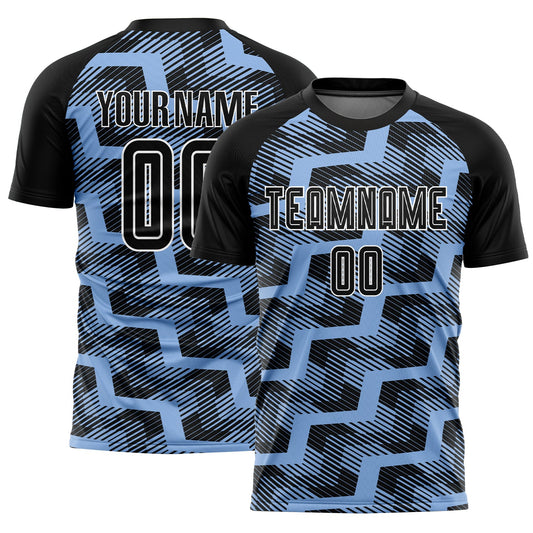 Custom Black Light Blue-White Line Sublimation Soccer Uniform Jersey - Main View