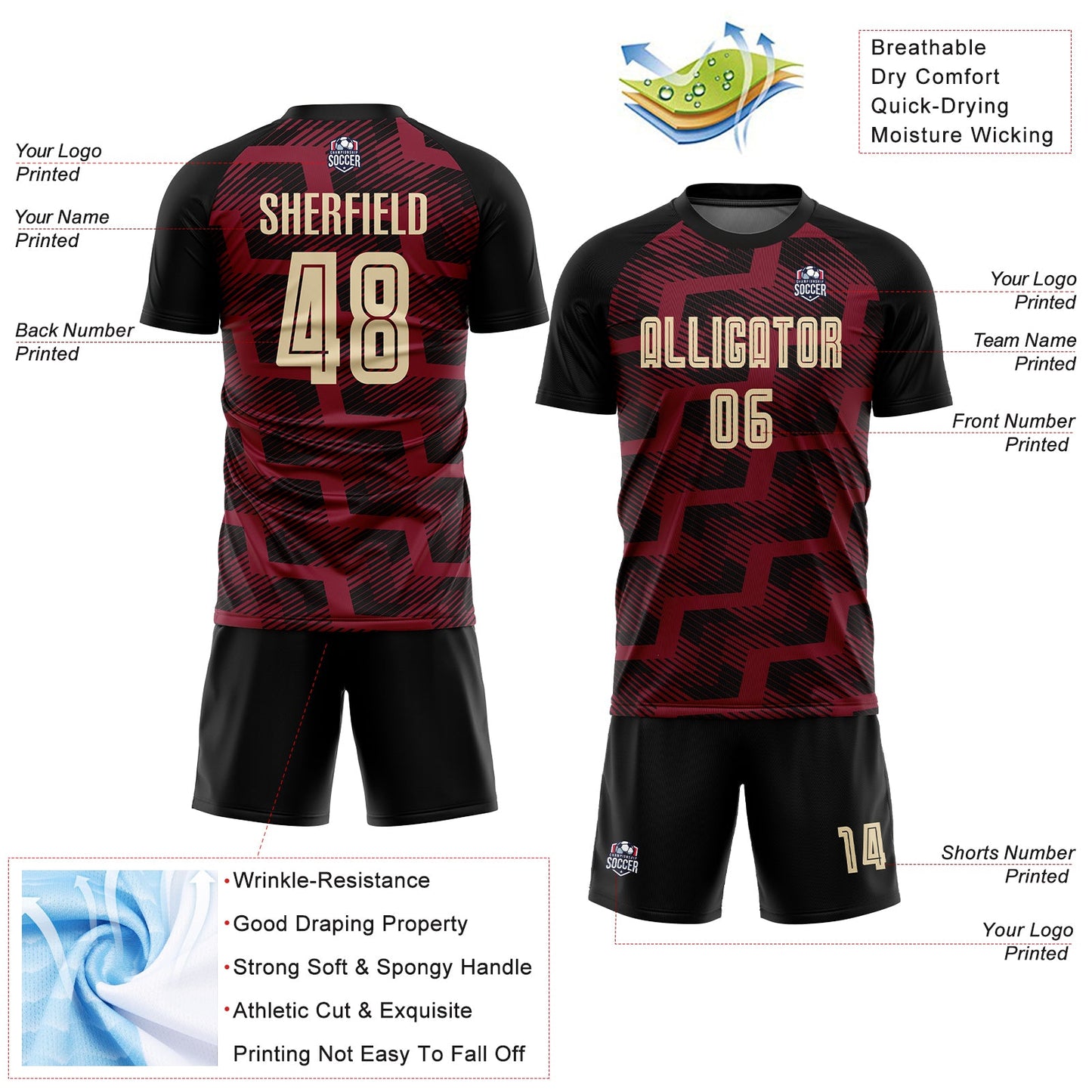 Custom Black Cream-Crimson Line Sublimation Soccer Uniform Jersey view 4
