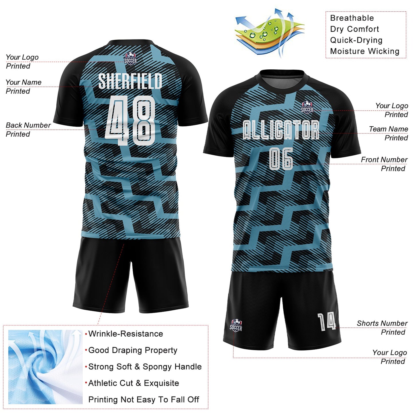 Custom Black White-Shadow Blue Line Sublimation Soccer Uniform Jersey view 4
