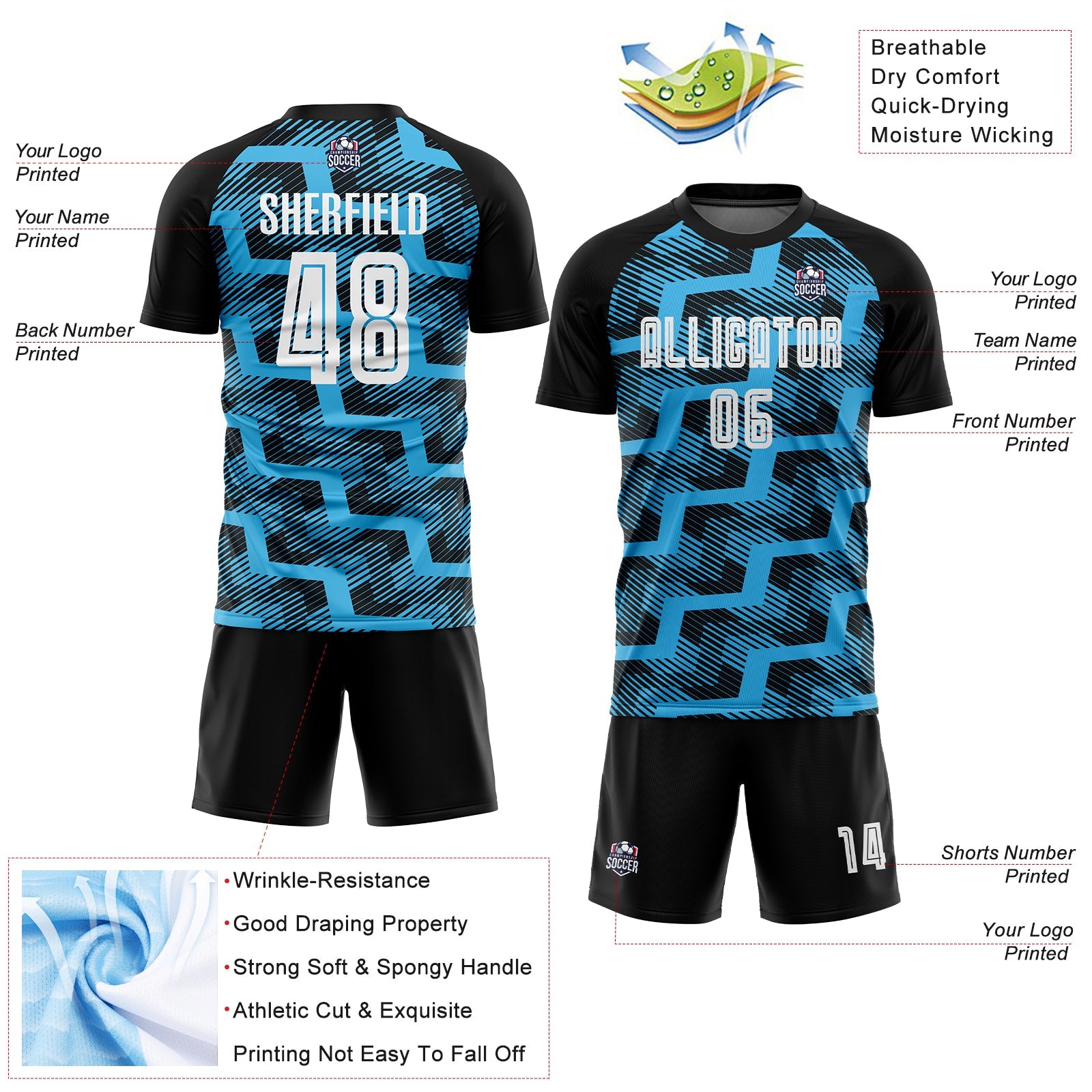 Custom Black White-Sky Blue Line Sublimation Soccer Uniform Jersey view 4