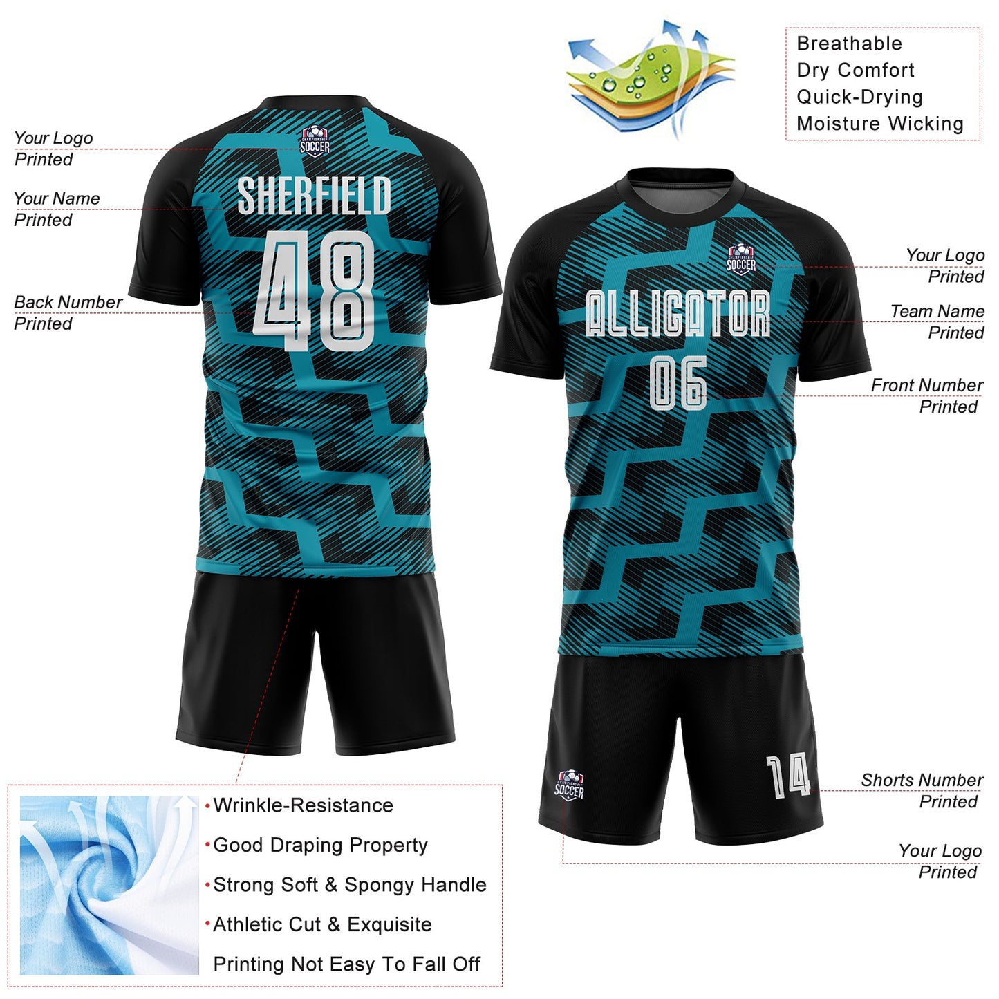 Custom Black White-Teal Line Sublimation Soccer Uniform Jersey view 4