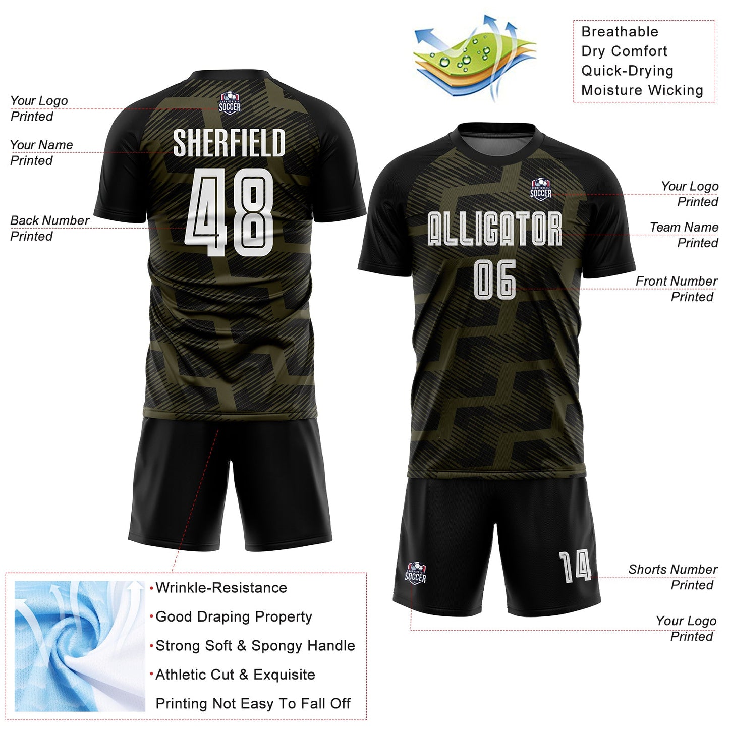 Custom Black White-Olive Line Sublimation Soccer Uniform Jersey view 4