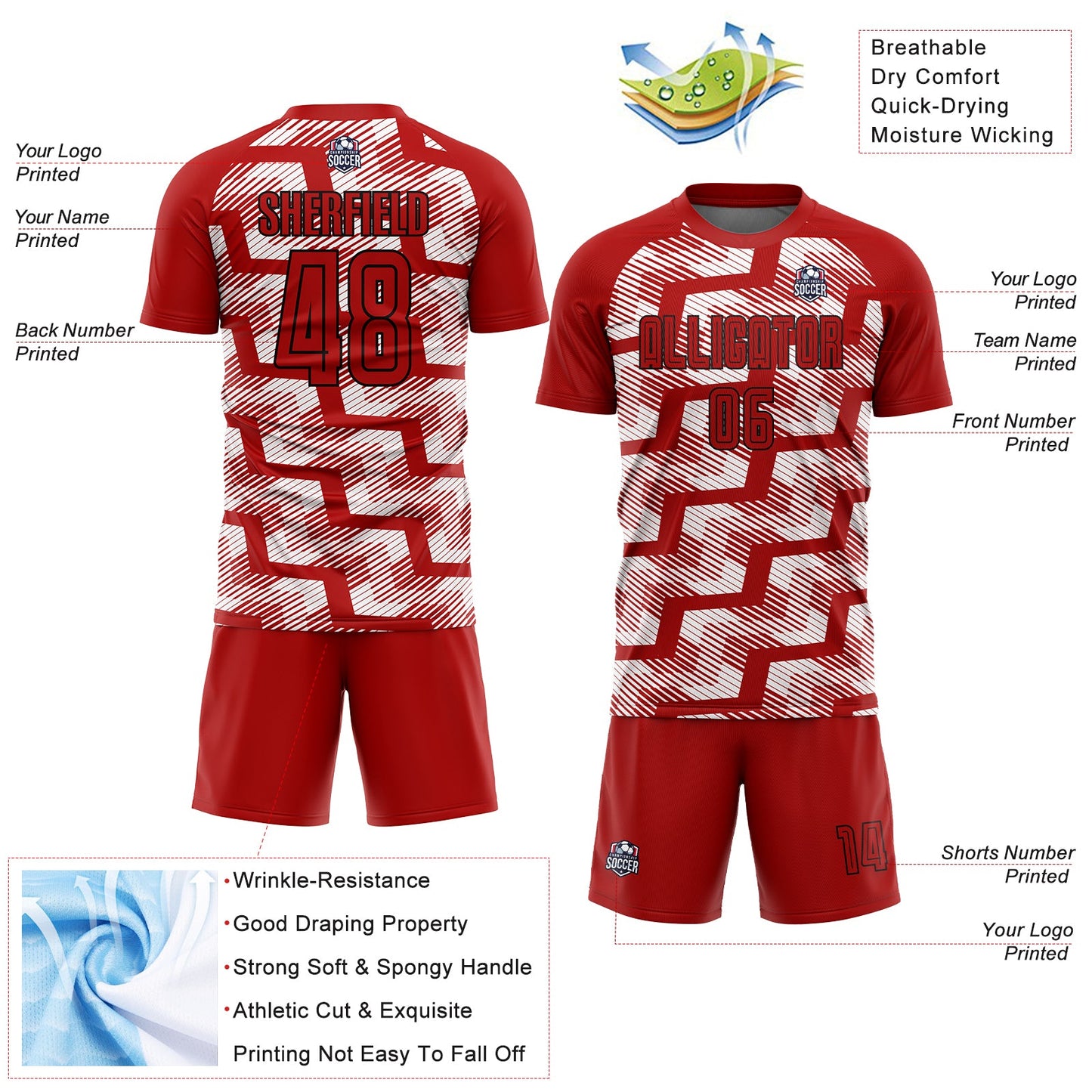 Custom Red Black-White Line Sublimation Soccer Uniform Jersey view 4