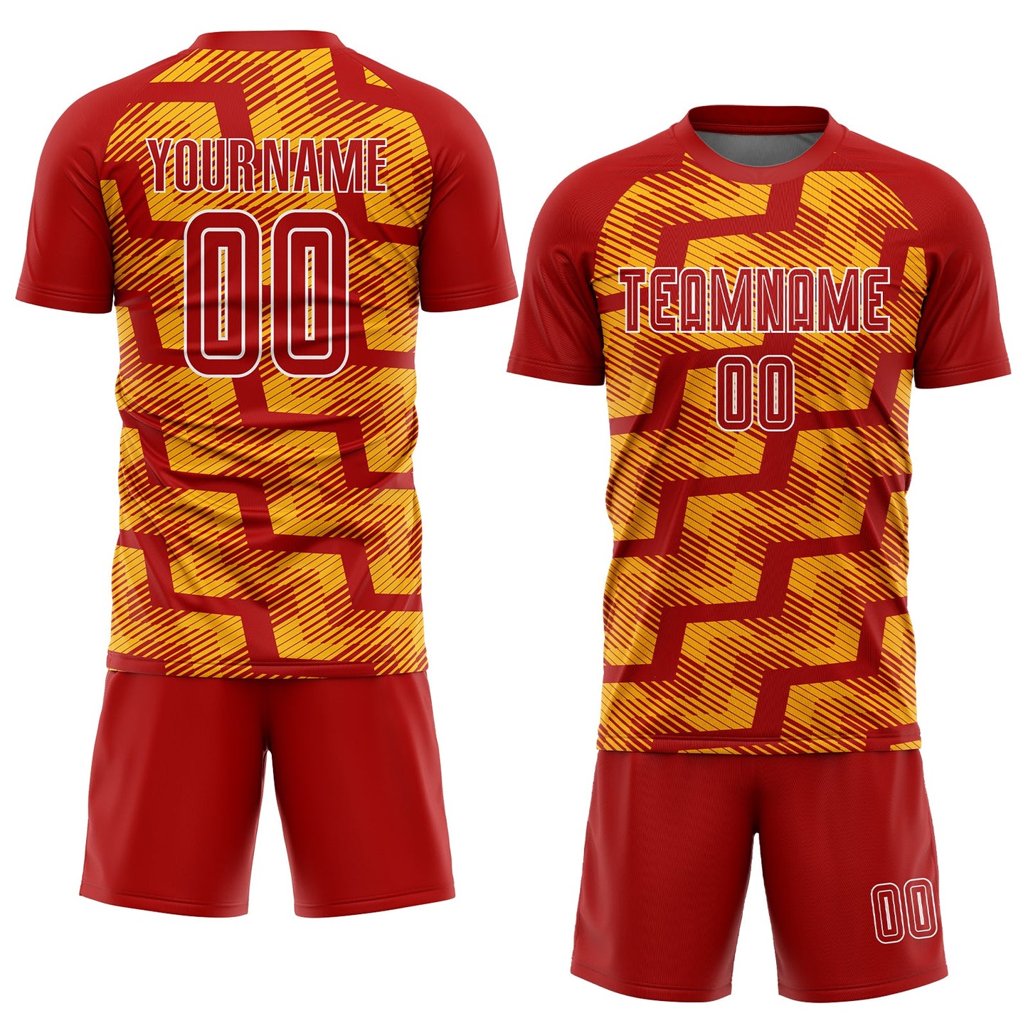 Custom Red Gold-White Line Sublimation Soccer Uniform Jersey view 2