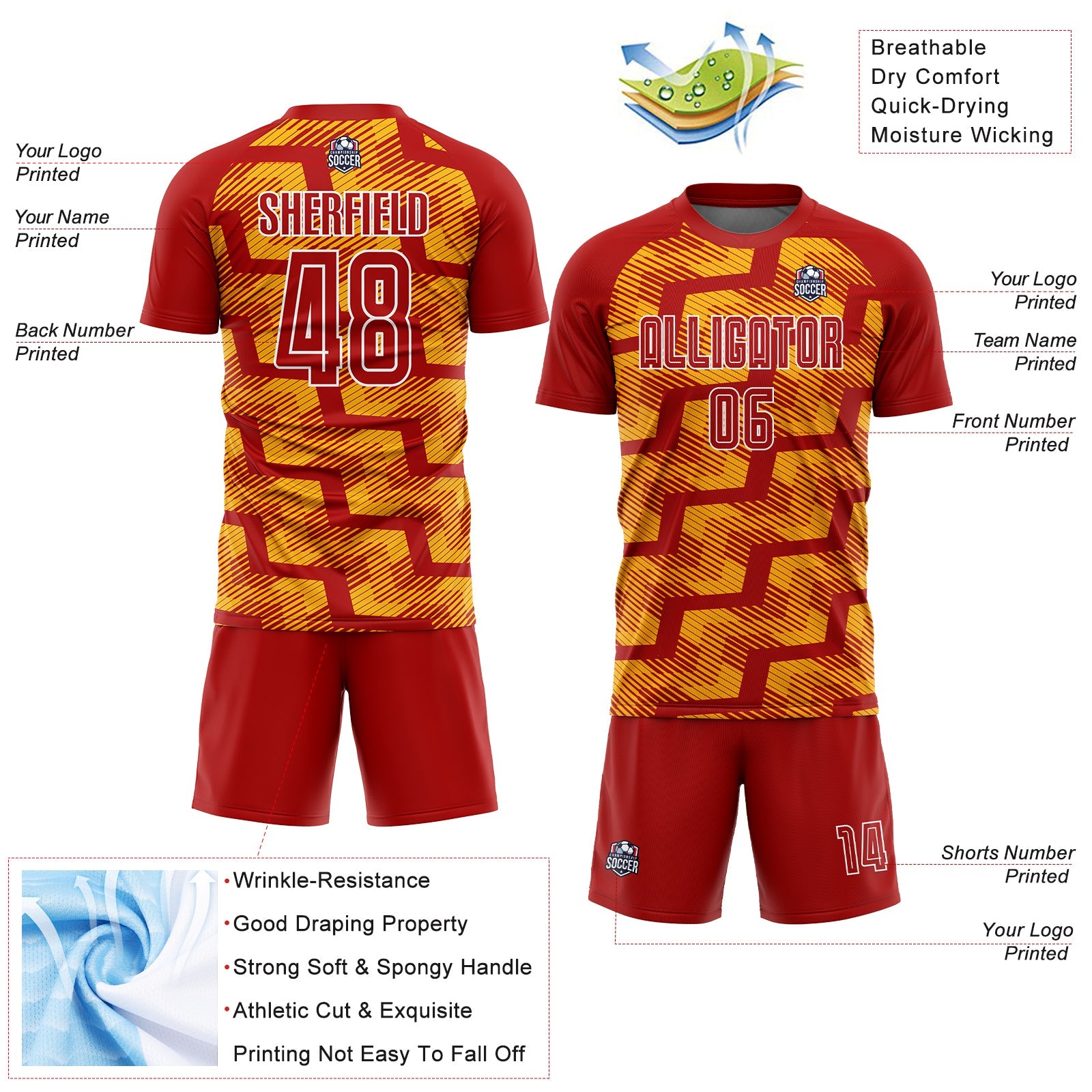 Custom Red Gold-White Line Sublimation Soccer Uniform Jersey view 4