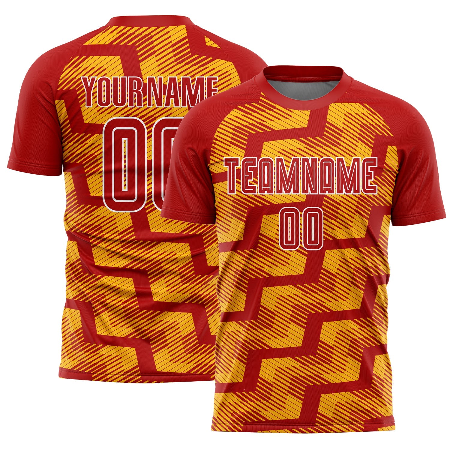 Custom Red Gold-White Line Sublimation Soccer Uniform Jersey - Main View