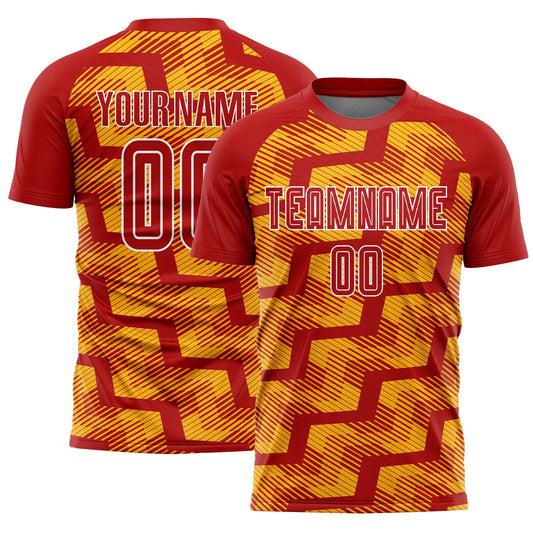 Custom Red Gold-White Line Sublimation Soccer Uniform Jersey - Main View