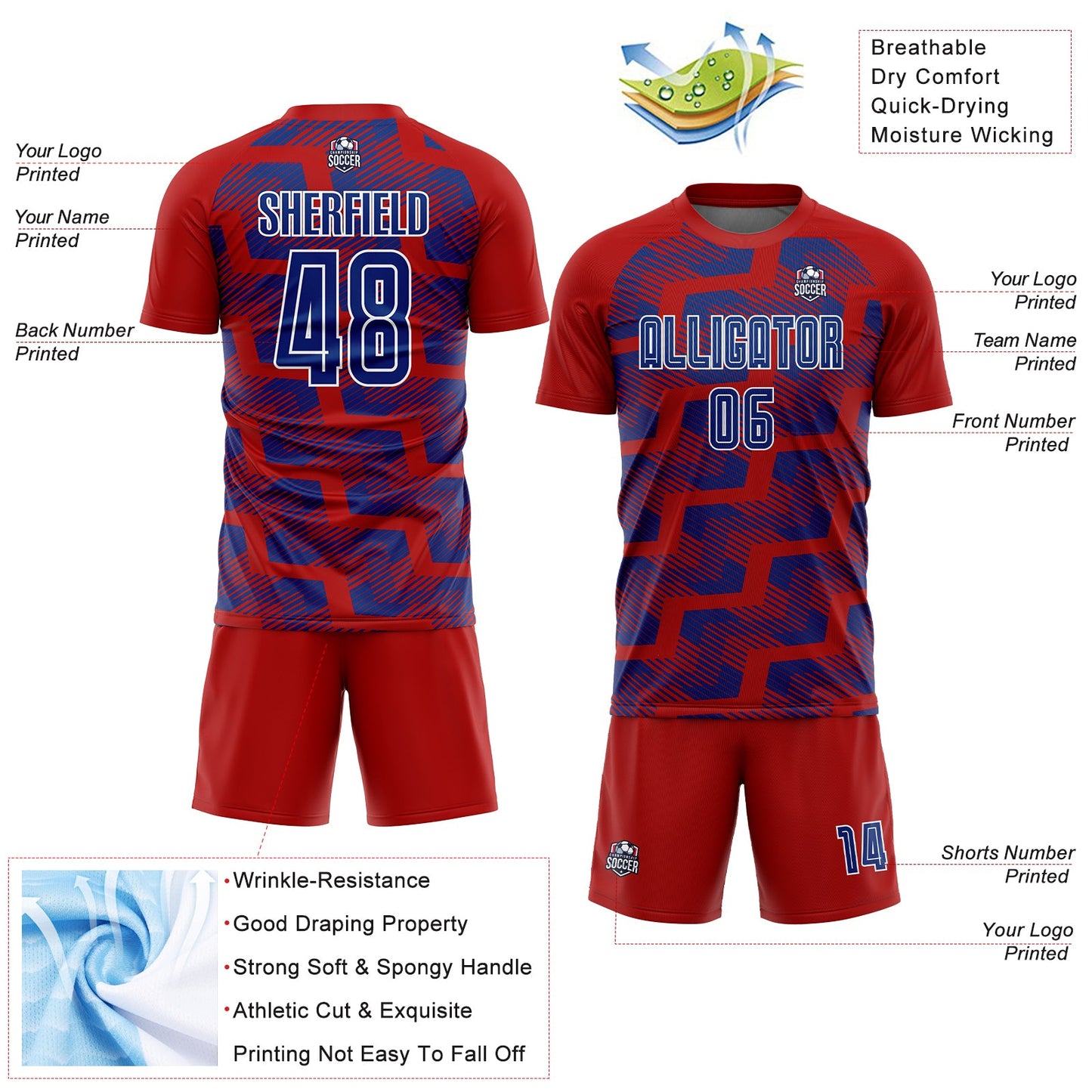 Custom Red Royal-White Line Sublimation Soccer Uniform Jersey view 4