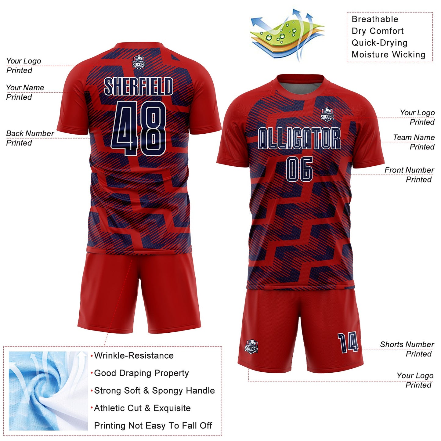 Custom Red Navy-White Line Sublimation Soccer Uniform Jersey view 4