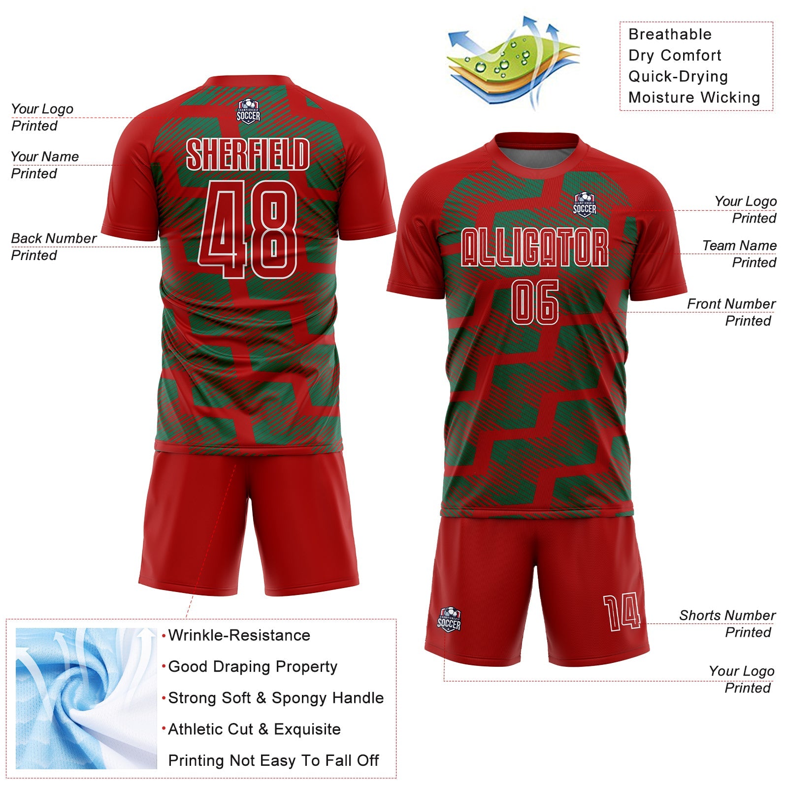 Custom Red Kelly Green-White Line Sublimation Soccer Uniform Jersey view 4