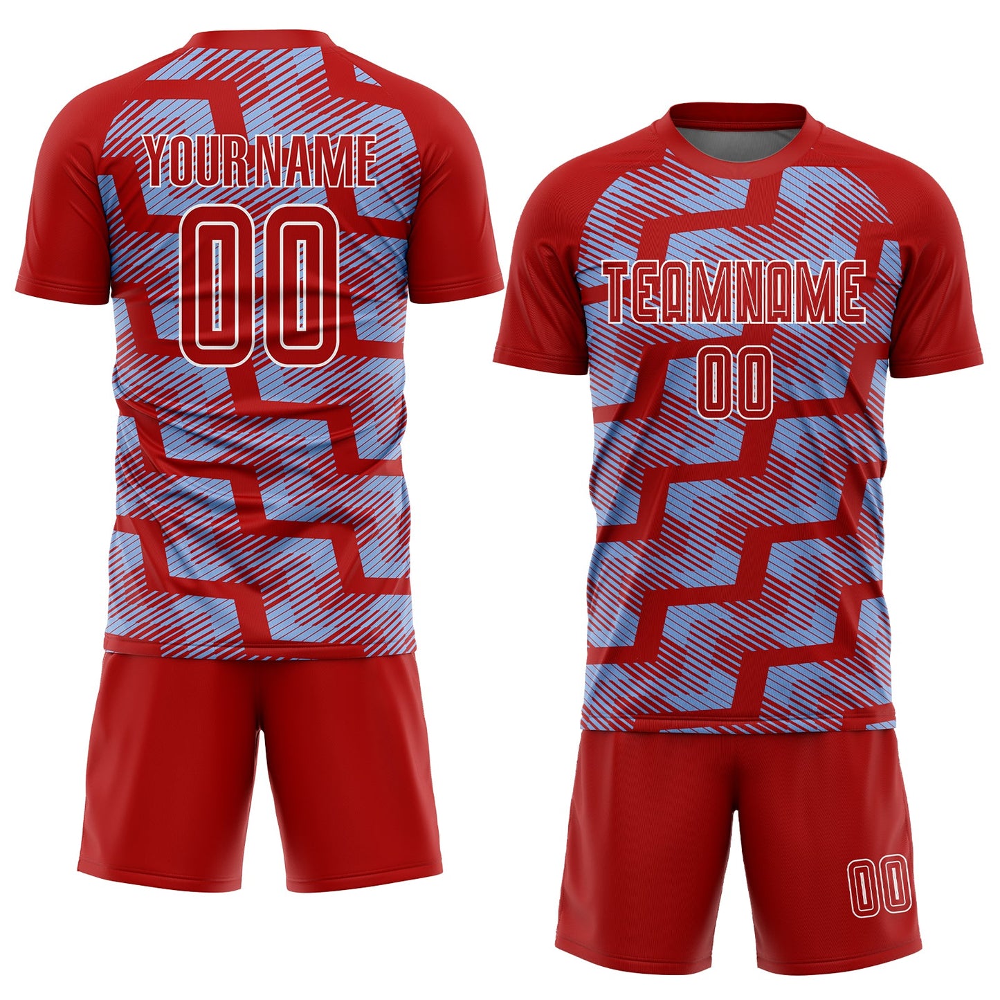 Custom Red Light Blue-White Line Sublimation Soccer Uniform Jersey view 2