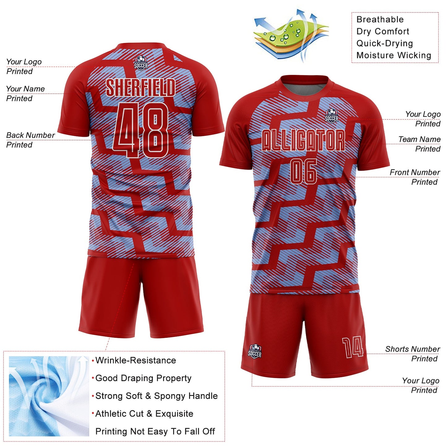 Custom Red Light Blue-White Line Sublimation Soccer Uniform Jersey view 4