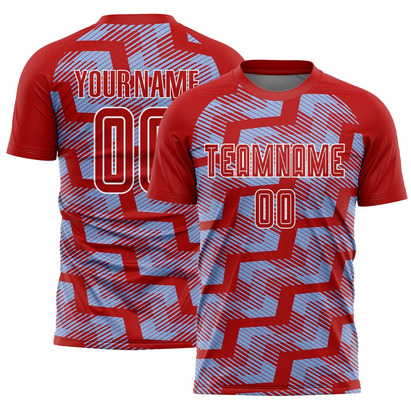 Custom Red Light Blue-White Line Sublimation Soccer Uniform Jersey - Main View