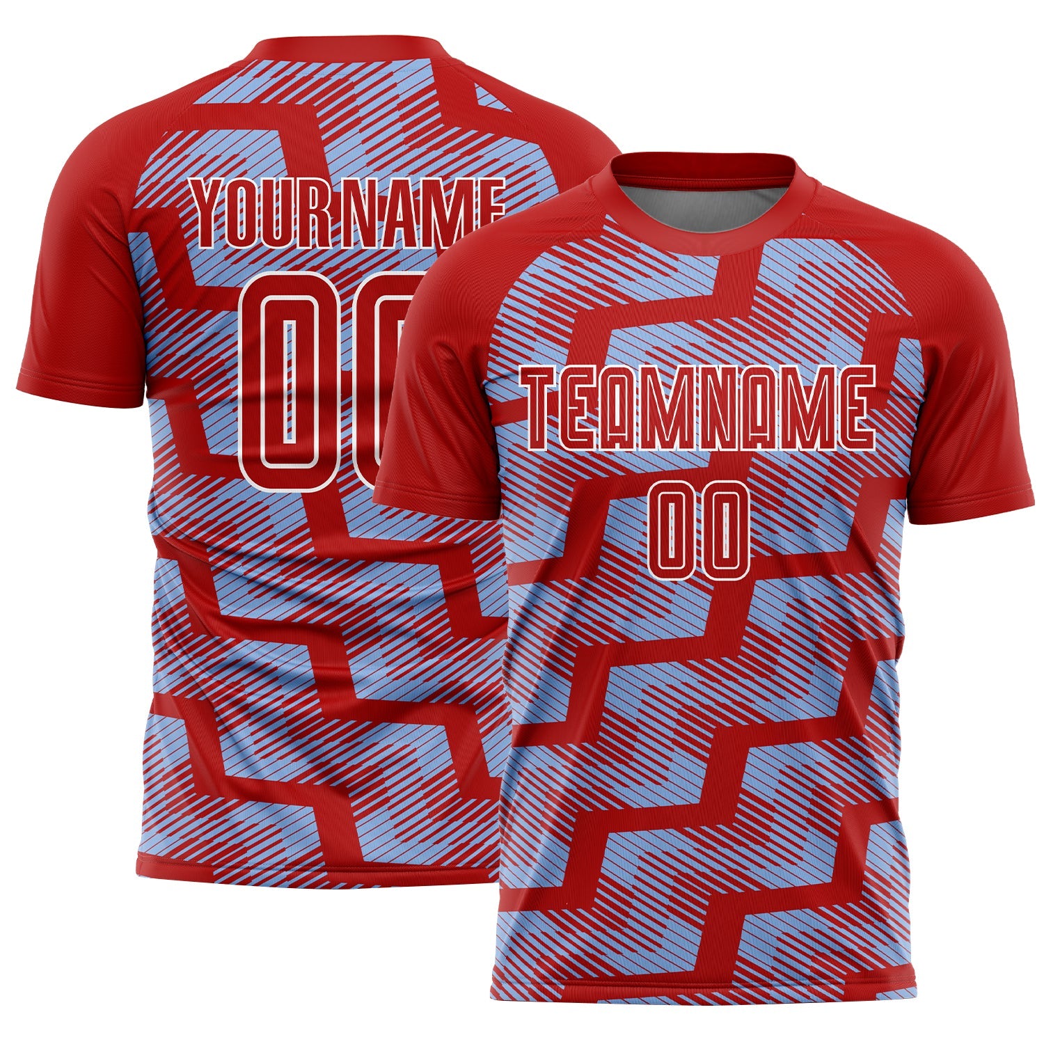 Custom Red Light Blue-White Line Sublimation Soccer Uniform Jersey - Main View