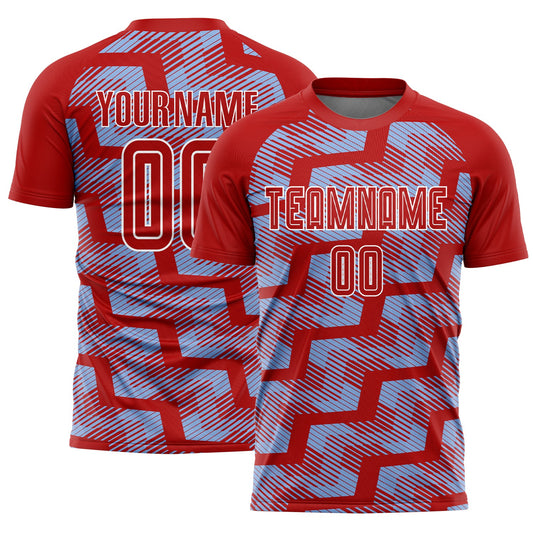 Custom Red Light Blue-White Line Sublimation Soccer Uniform Jersey - Main View