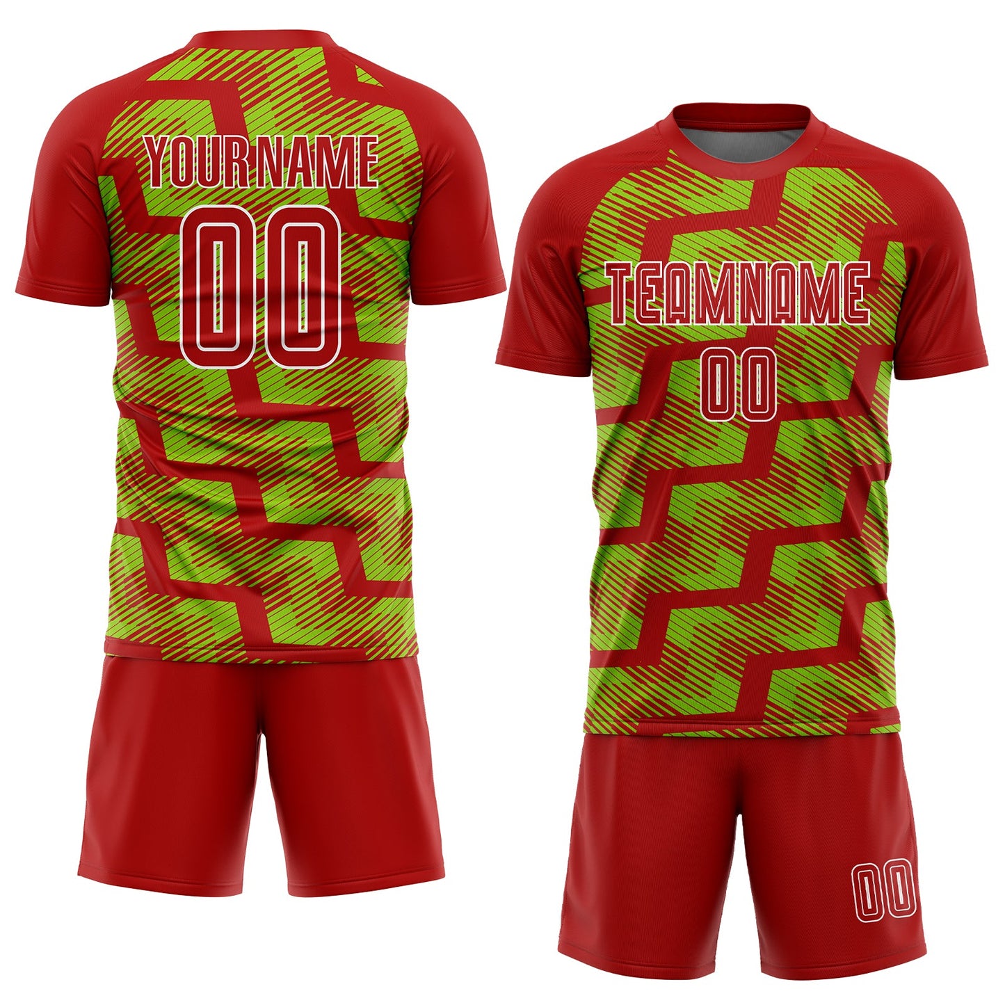 Custom Red Neon Green-White Line Sublimation Soccer Uniform Jersey view 2