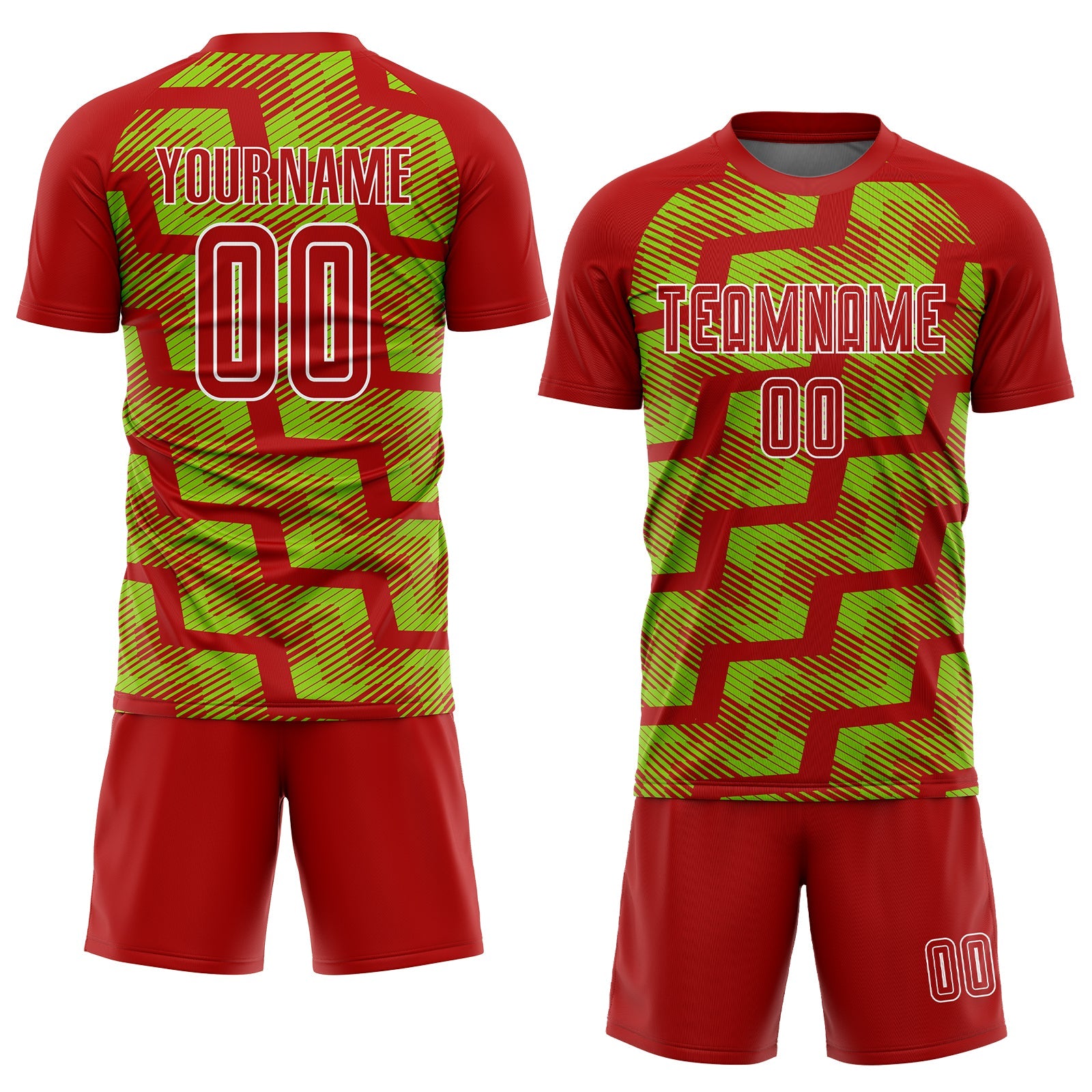 Custom Red Neon Green-White Line Sublimation Soccer Uniform Jersey view 2