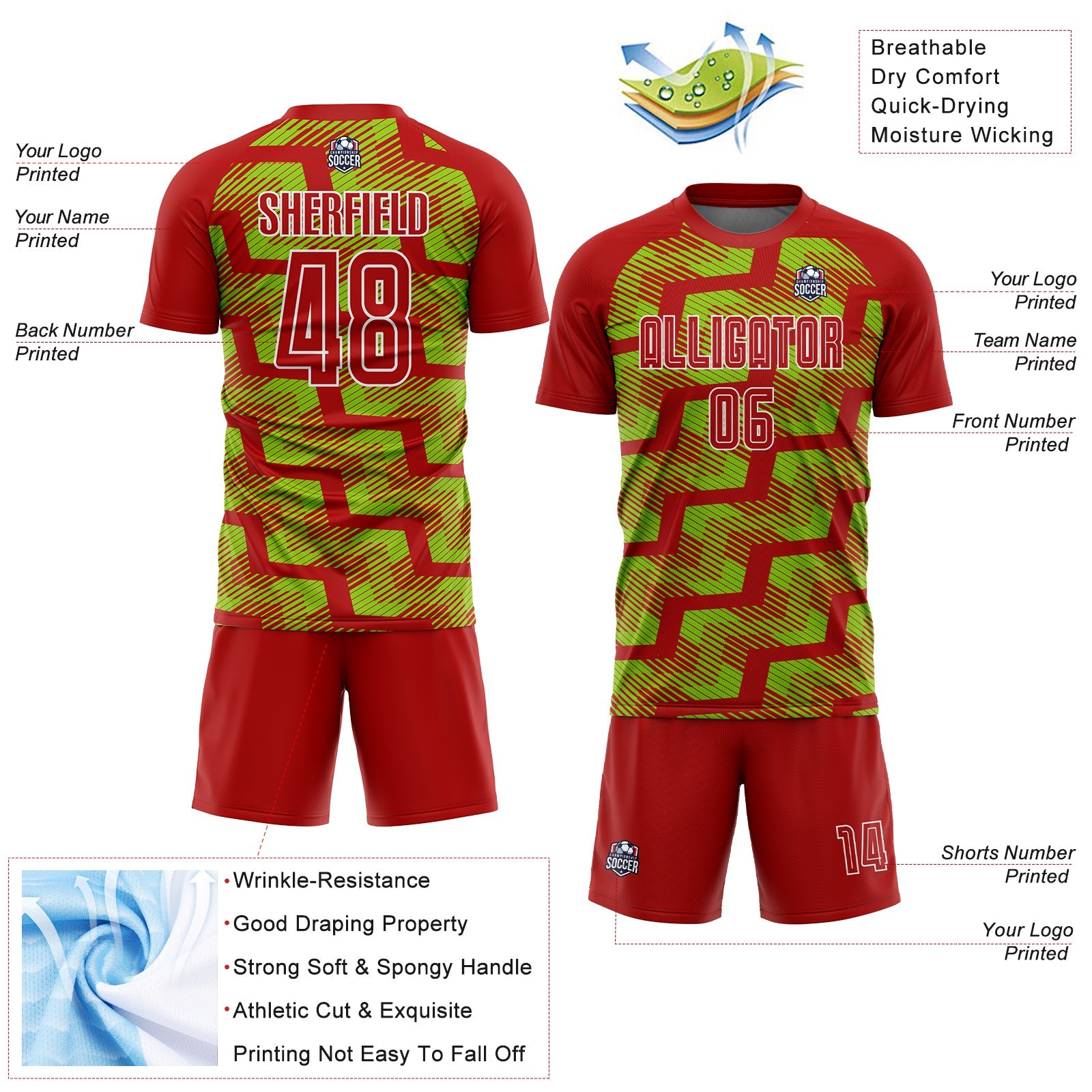 Custom Red Neon Green-White Line Sublimation Soccer Uniform Jersey view 4