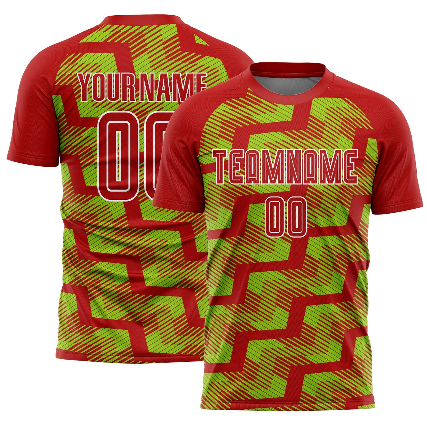Custom Red Neon Green-White Line Sublimation Soccer Uniform Jersey - Main View