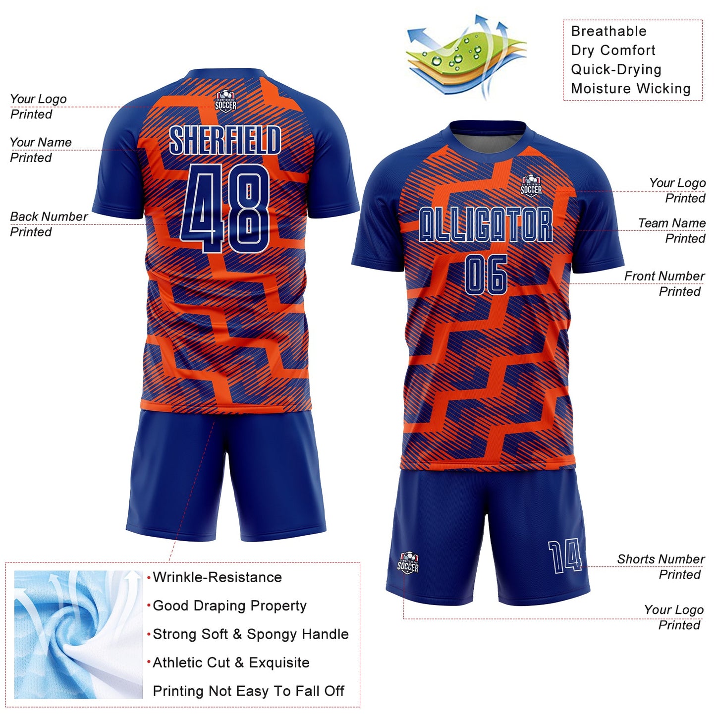 Custom Royal Orange-White Line Sublimation Soccer Uniform Jersey view 4