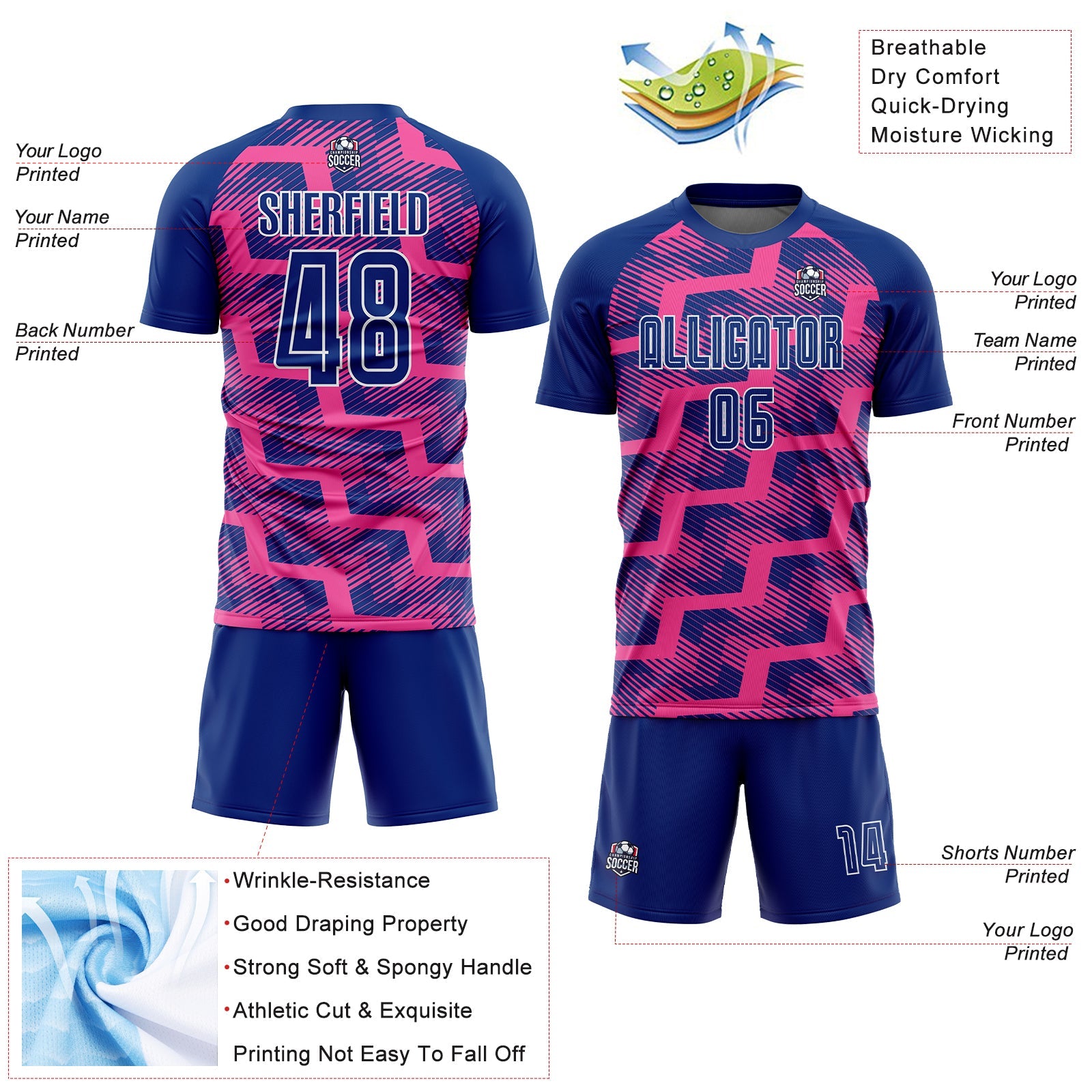 Custom Royal Pink-White Line Sublimation Soccer Uniform Jersey view 4